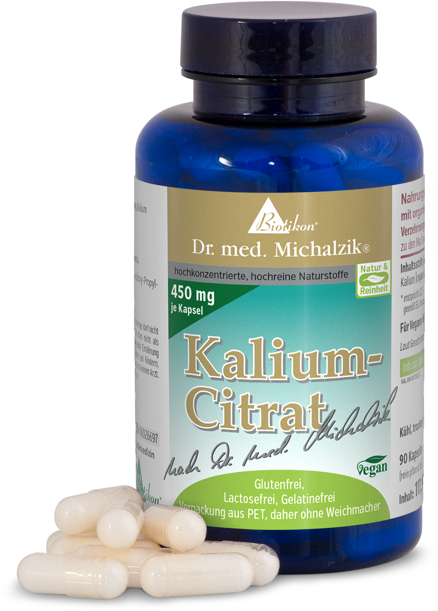Potasio Citrato 450 mg – Cápsulas Botella azul con 90 cápsulas blancas, veganas, sin gluten y sin lactosa.