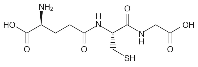 Estructura química del L-Glutatión Estructura molecular del Glutatión, representación de átomos, gráfico en blanco y negro.