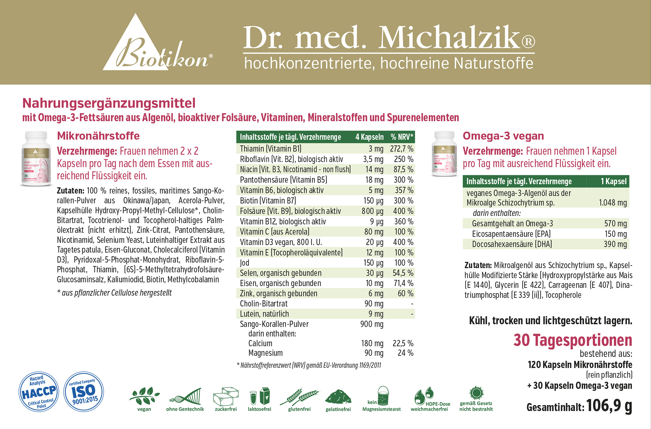 Suplemento dietético en cápsulas, 120 cápsulas, para micronutrientes y Omega-3, envase blanco.