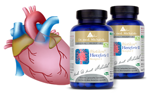 Dos botellas de Biotika Heart Cure 1 cápsulas, plástico azul, vista frontal con ilustración de corazón de fondo.