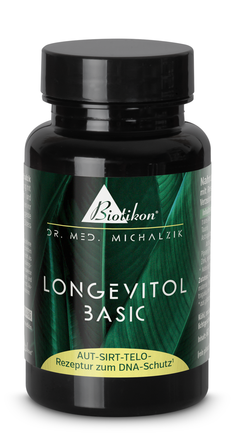 Cápsulas Longevitol Basic – 60 unidades Cápsulas Longevitol Basic en un frasco blanco, 60 unidades, veganas, con cápsula ligeramente transparente.