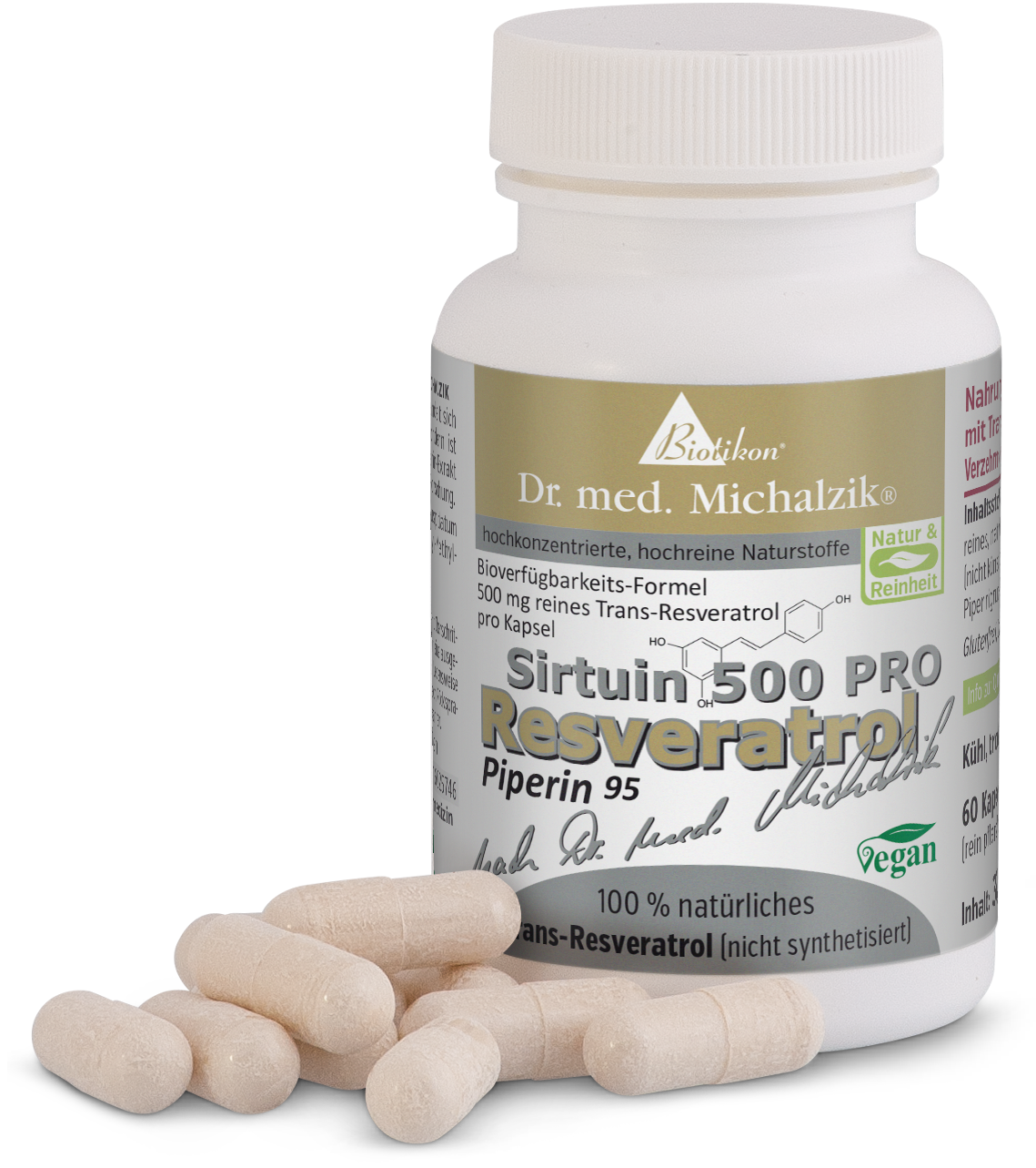 Resveratrol 500 mg - Cápsulas Botella con cápsulas, 60 unidades, cápsulas beige, vista de la etiqueta y cápsulas sobre la mesa.