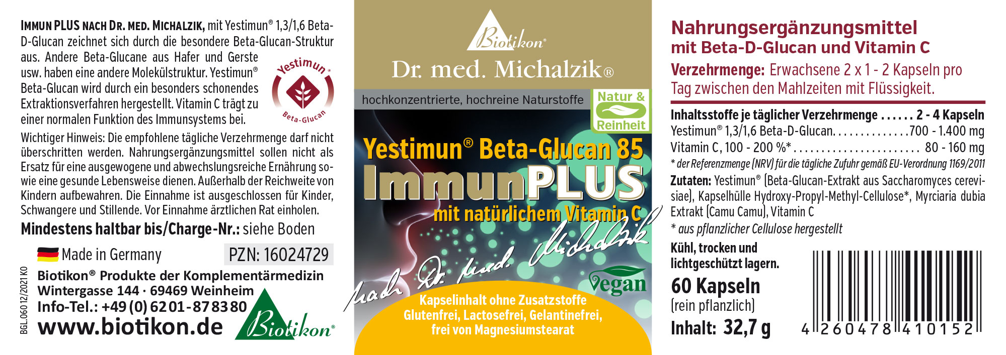 Suplemento alimenticio con Beta-D-Glucano y vitamina C, 60 cápsulas, veganas, en envase marrón.