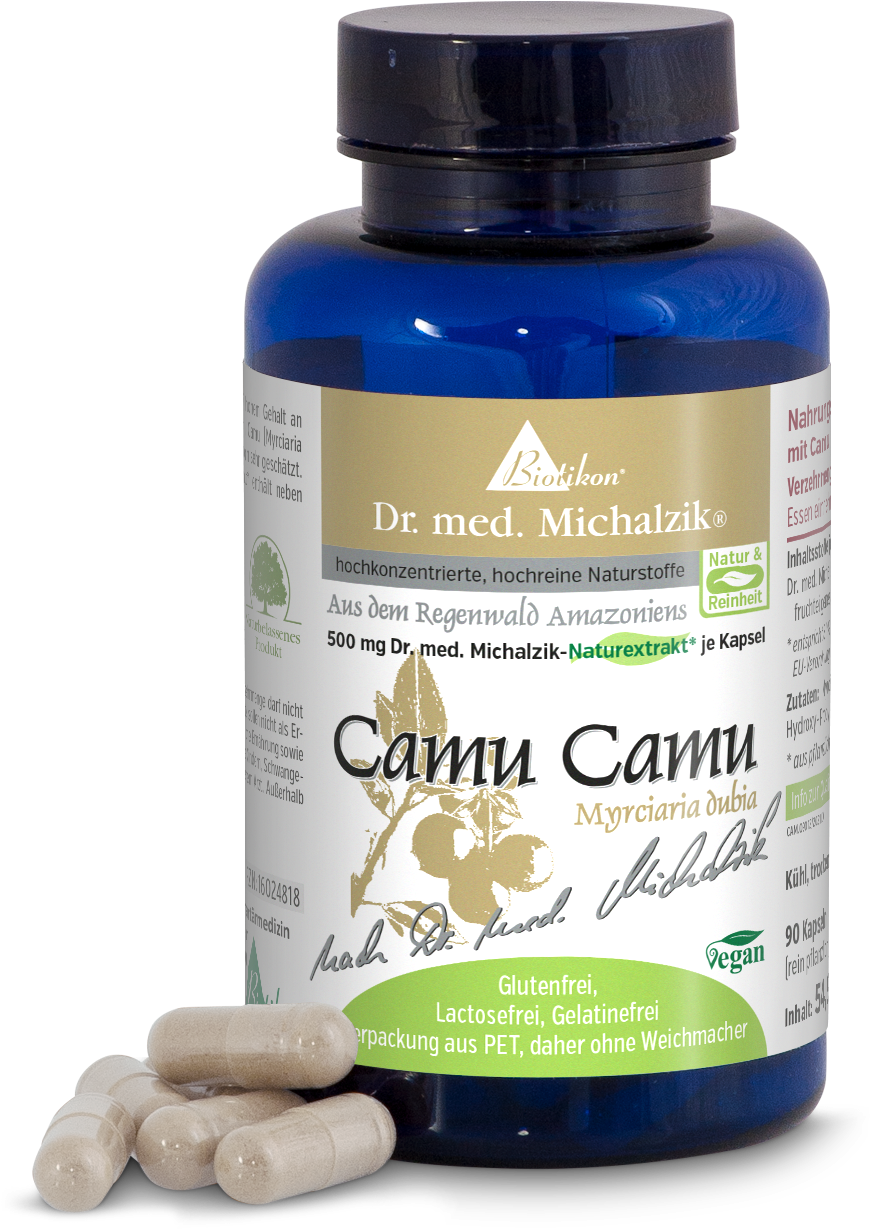 Suplemento de Camu Camu en botella PET azul, 90 cápsulas, con varias cápsulas en primer plano.