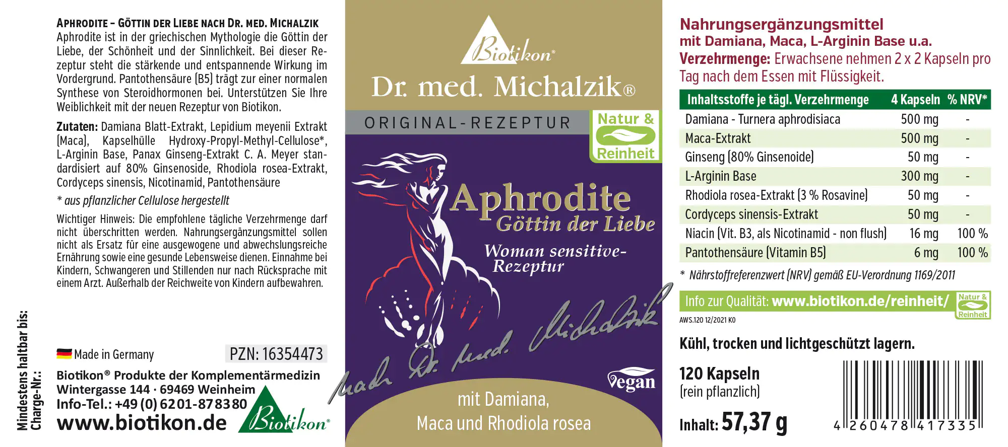 Aphrodite – 120 cápsulas con Damiana y Maca Suplemento alimenticio en paquete de 120 cápsulas, colores púrpura oscuro, etiquetado con ingredientes.