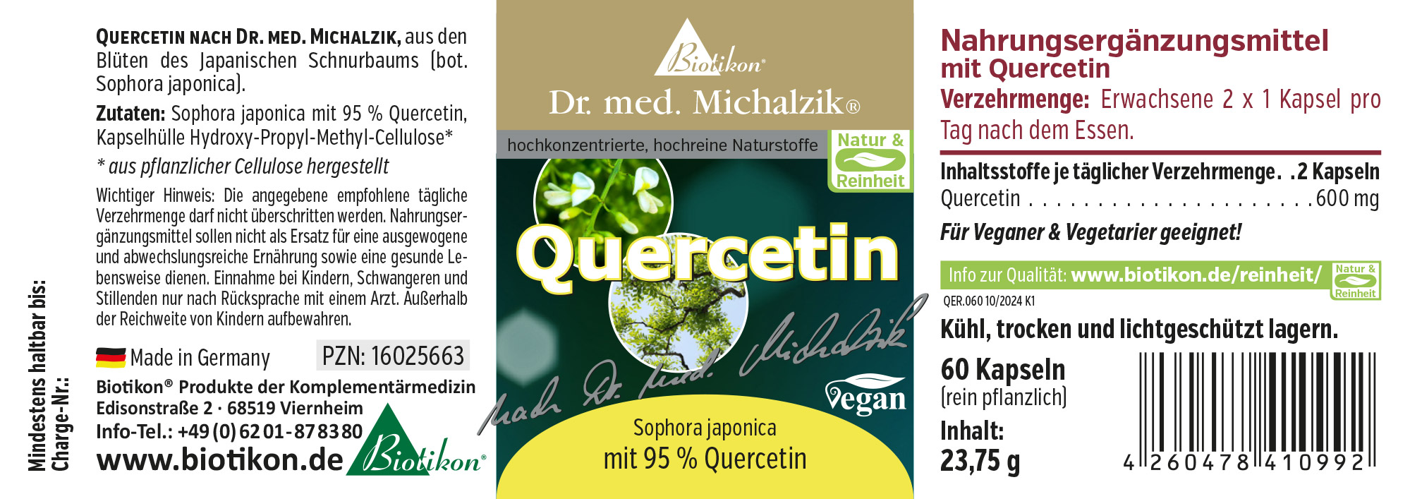 Suplemento de quercetina, 60 cápsulas, en un envase verde, vegano y a base de plantas.