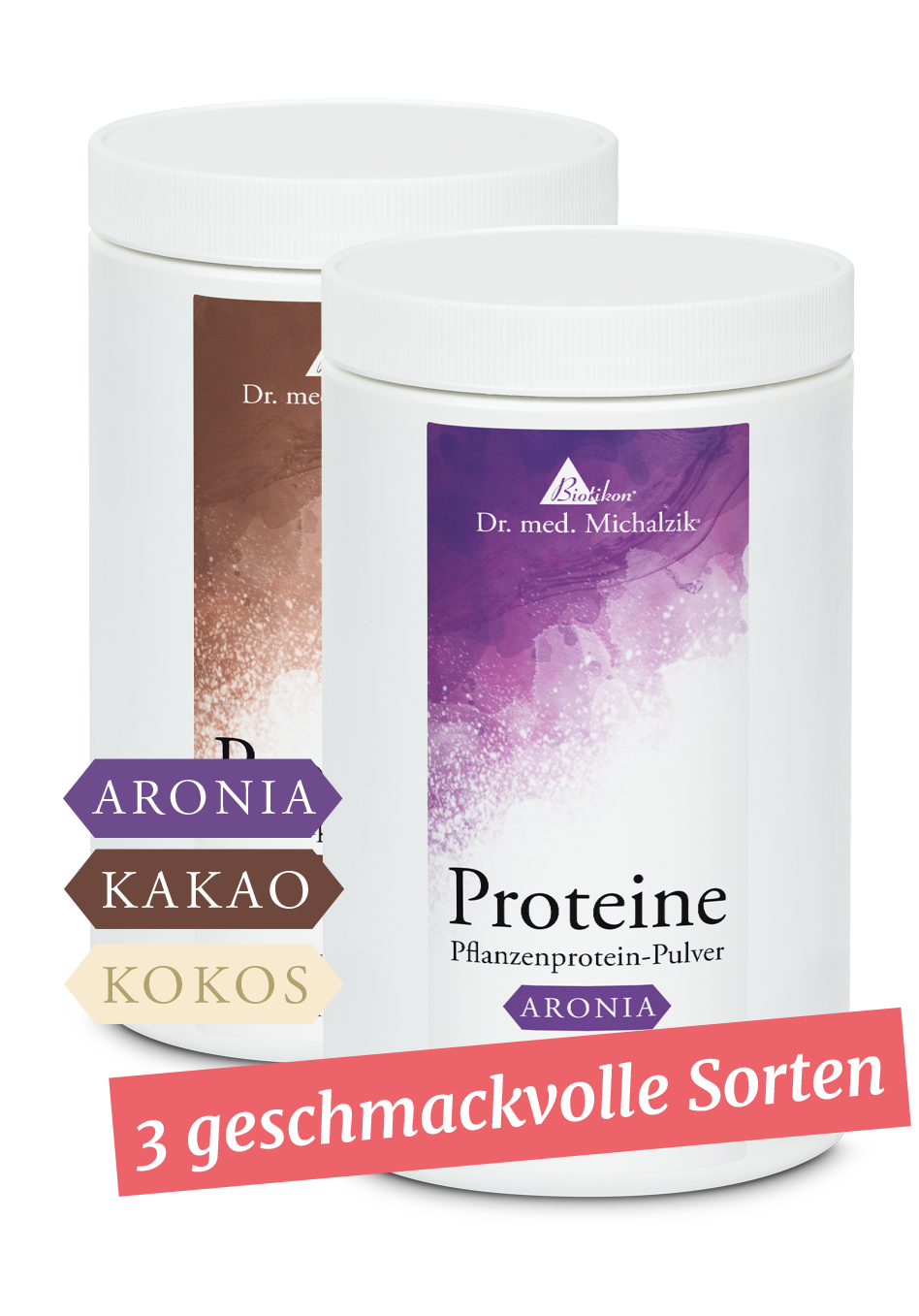 Dos envases de proteína vegetal en polvo en sabores Aronia, Cacao y Coco, de color blanco, vista frontal.