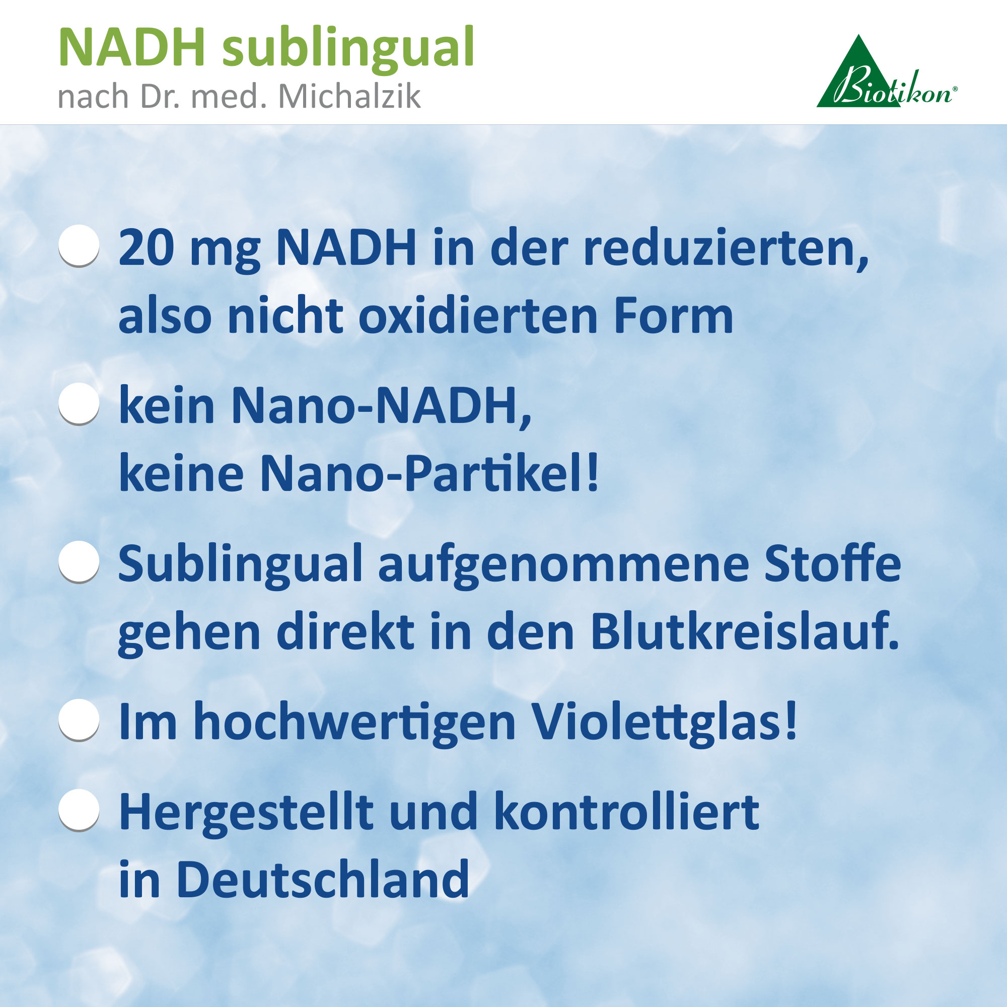 NADH sublingual 20 mg – Tabletas Tabletas sublinguales de NADH de 20 mg, envase violeta sobre fondo claro.