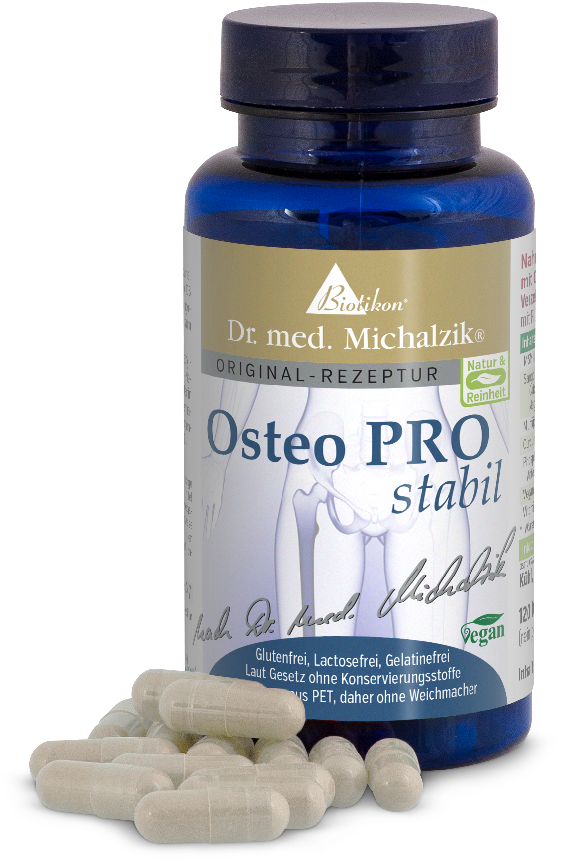 Osteo PRO estabil - 120 cápsulas Cápsulas Osteo PRO estabil en botella azul, 120 unidades, sin gluten, veganas, de PET reciclado.