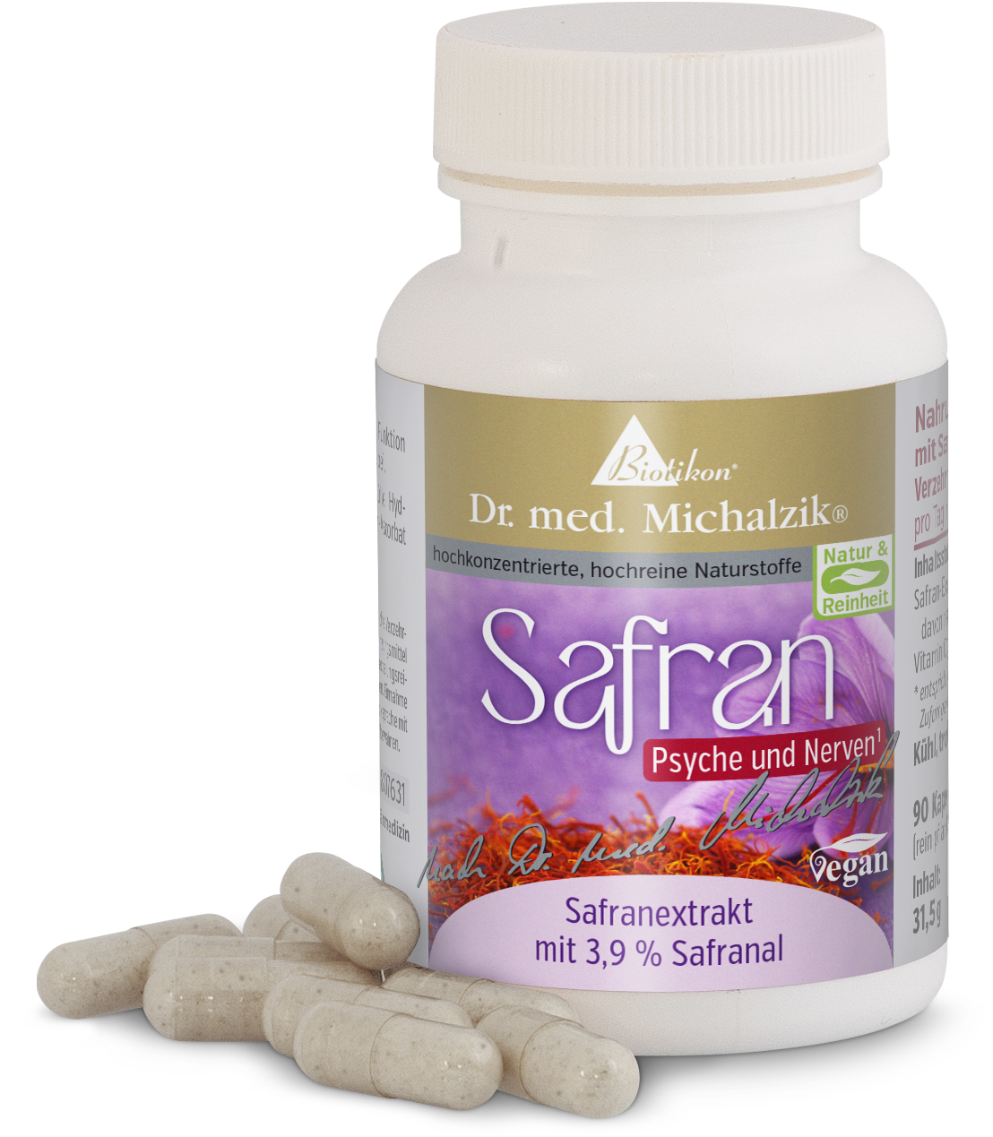 Envase de plástico blanco con 90 cápsulas, extracto de azafrán, etiqueta púrpura, vista frontal.