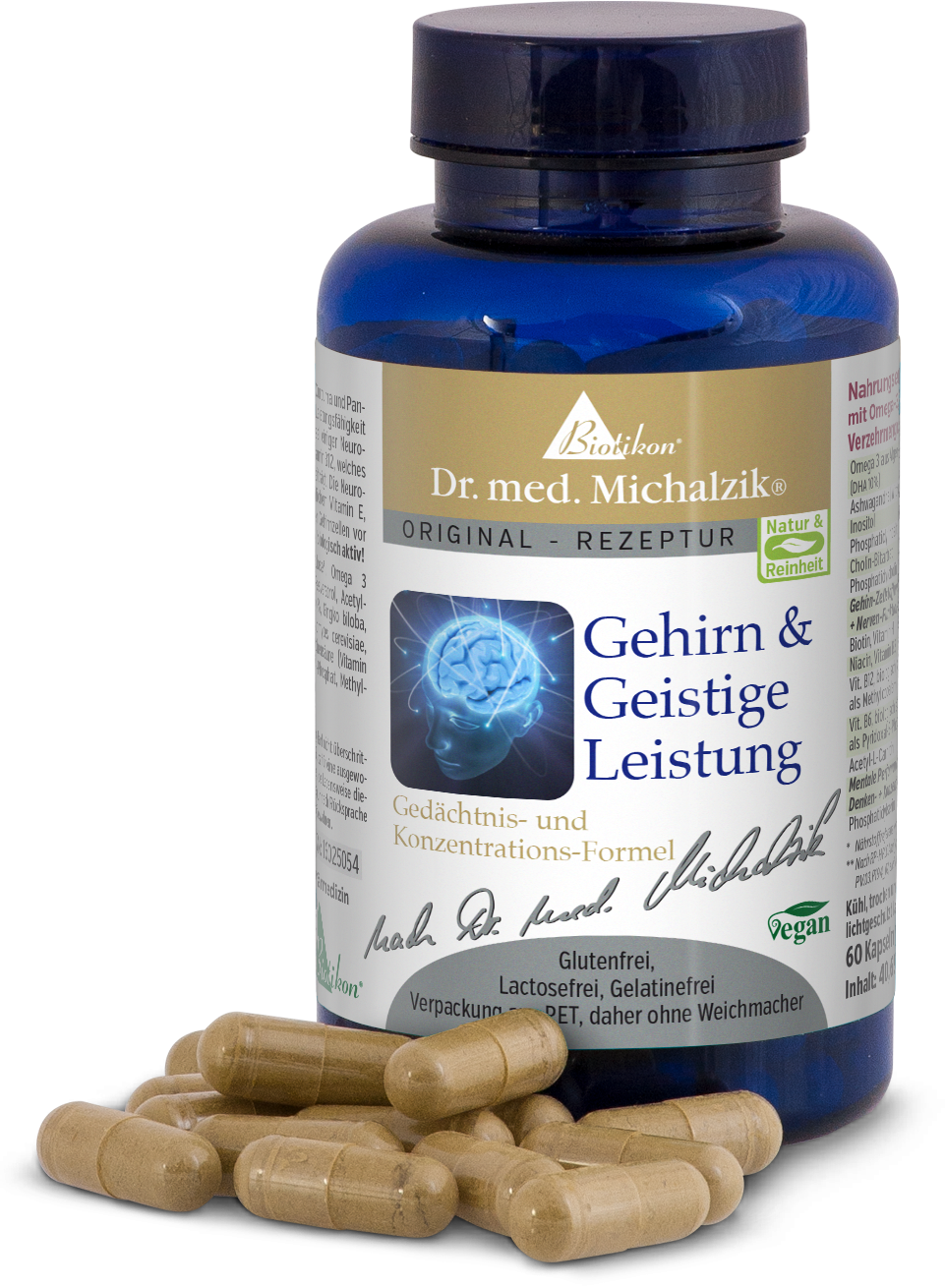 Botella con 60 cápsulas para rendimiento cognitivo, envase azul, cápsulas de color beige