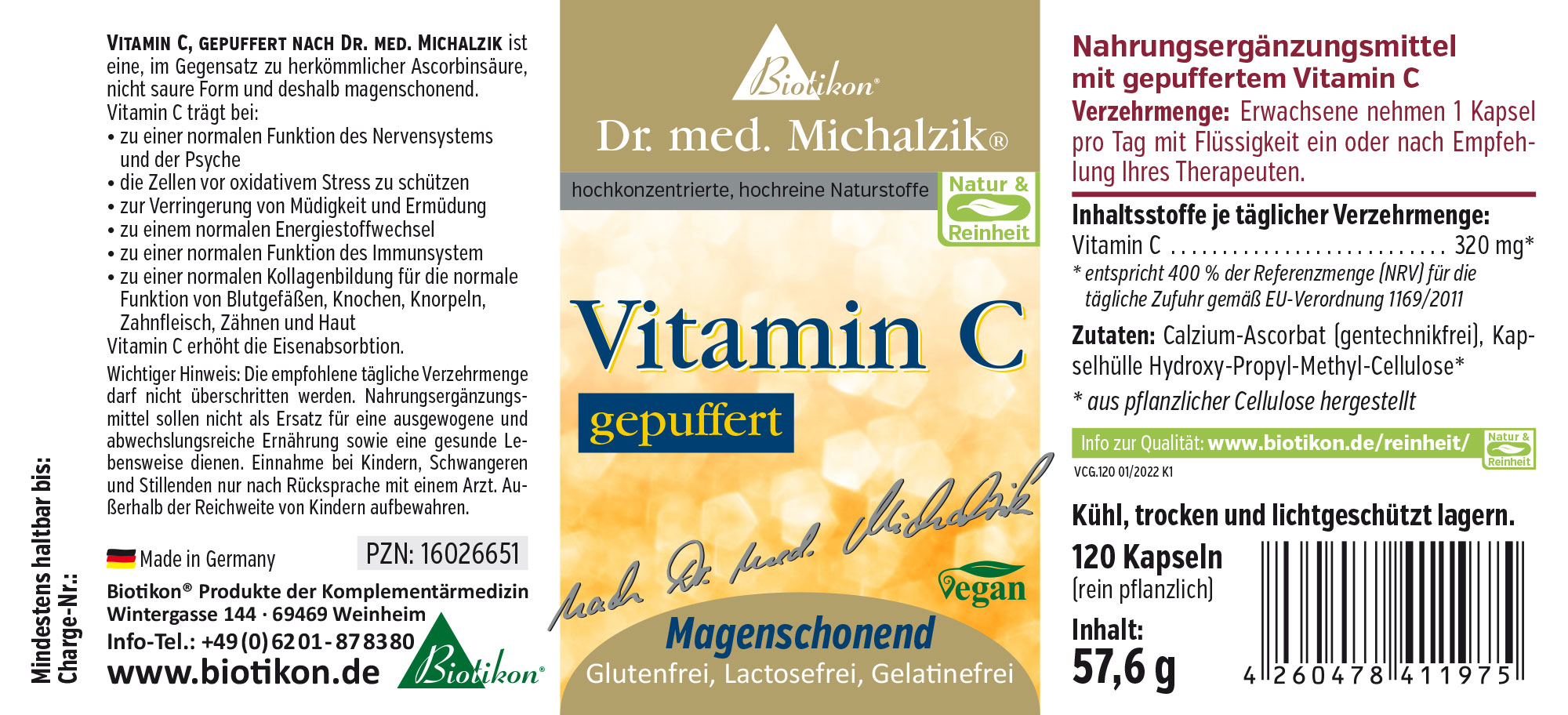 Vitamina C tamponada etiqueta Suplemento de vitamina C tamponada, 120 cápsulas, envase amarillo, con fórmula suave para el estómago.