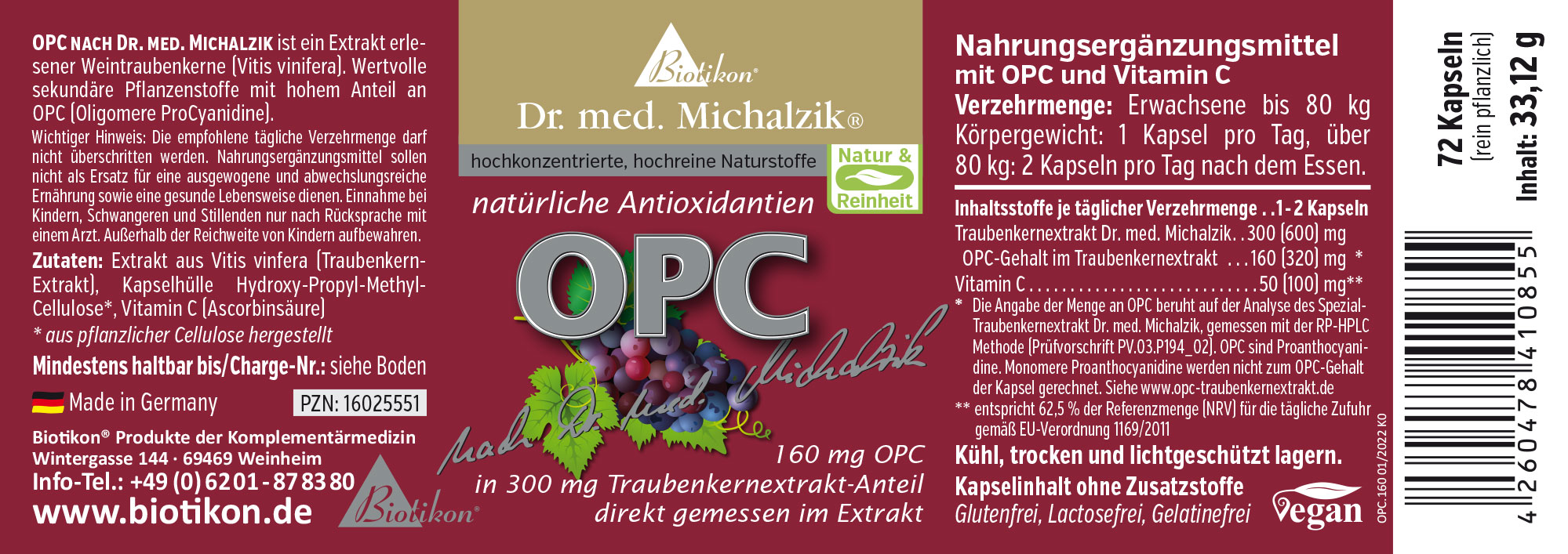 72 cápsulas de OPC con extracto de semillas de uva y vitamina C, envase violeta, vista lateral.