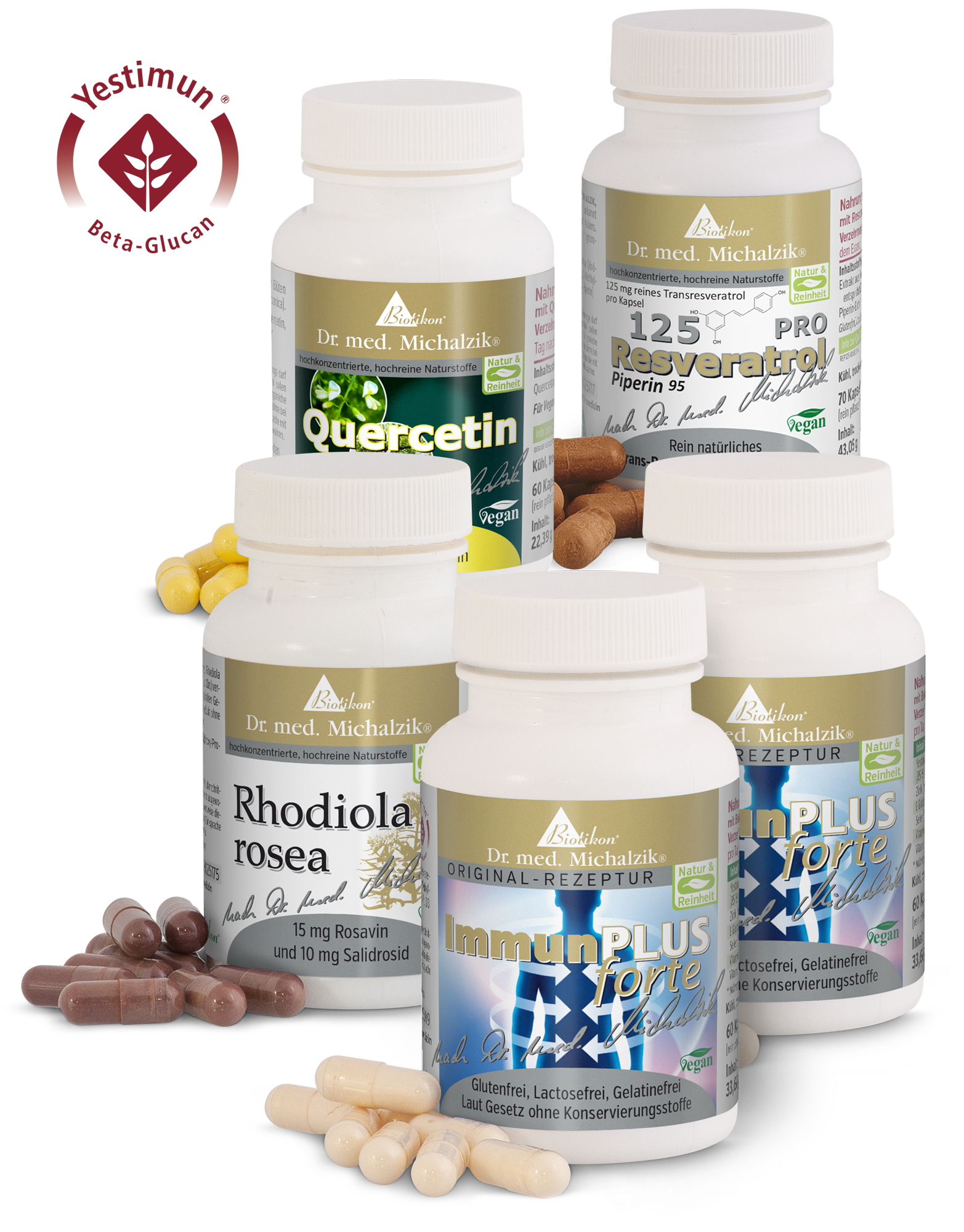 Cápsulas de quercetina en una botella blanca, 60 piezas, con cápsulas amarillas, vista frontal