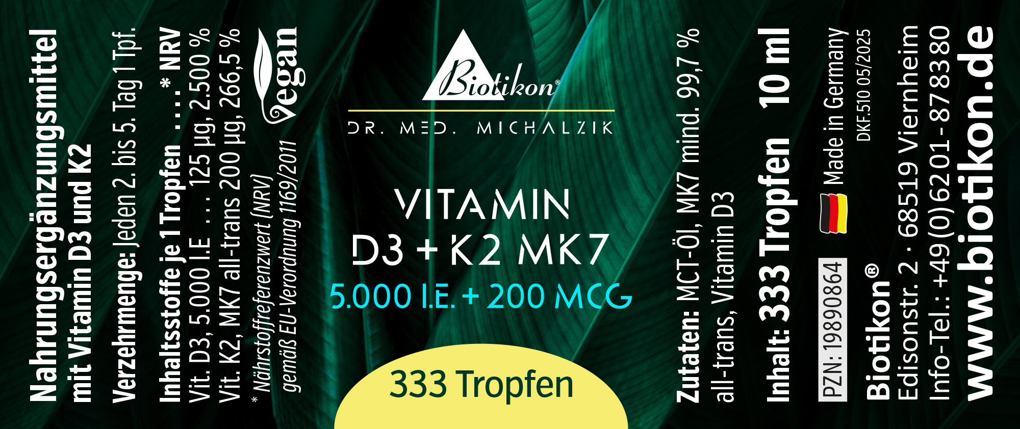 Botella con 333 gotas de vitamina D3 y K2 MK7, 10 ml, empaquetado en verde, vegano.