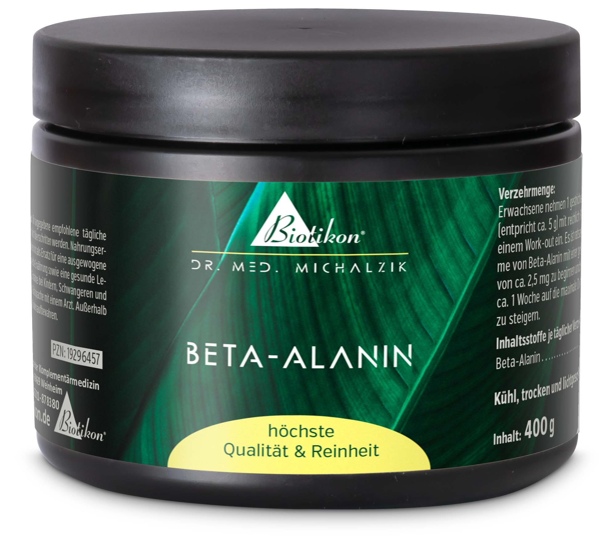 Beta-Alanina 400 g – Polvo Envase con polvo de Beta-Alanina, 400 g, embalaje negro con acentos verdes.