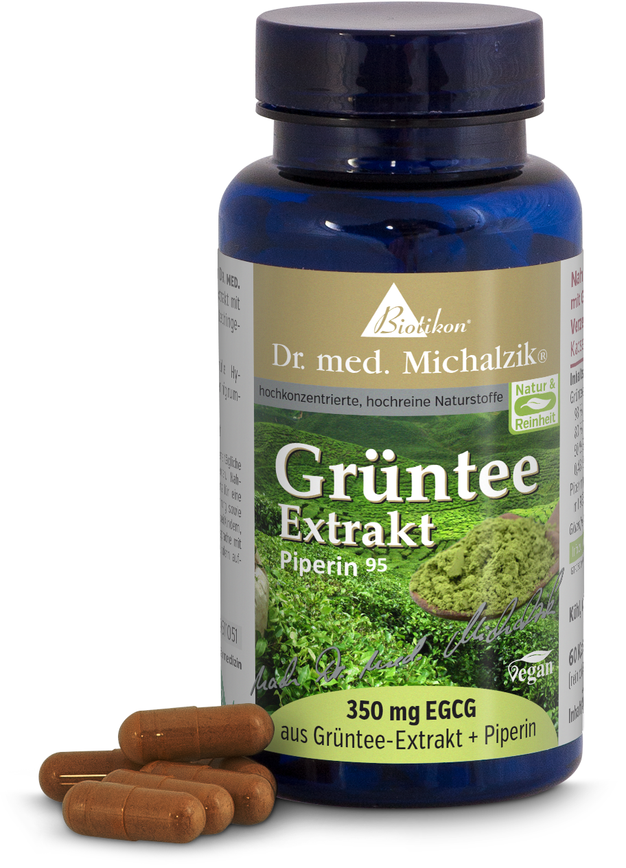 Botella con extracto de té verde, 350 mg EGCG, con cápsulas de color marrón, vista lateral.