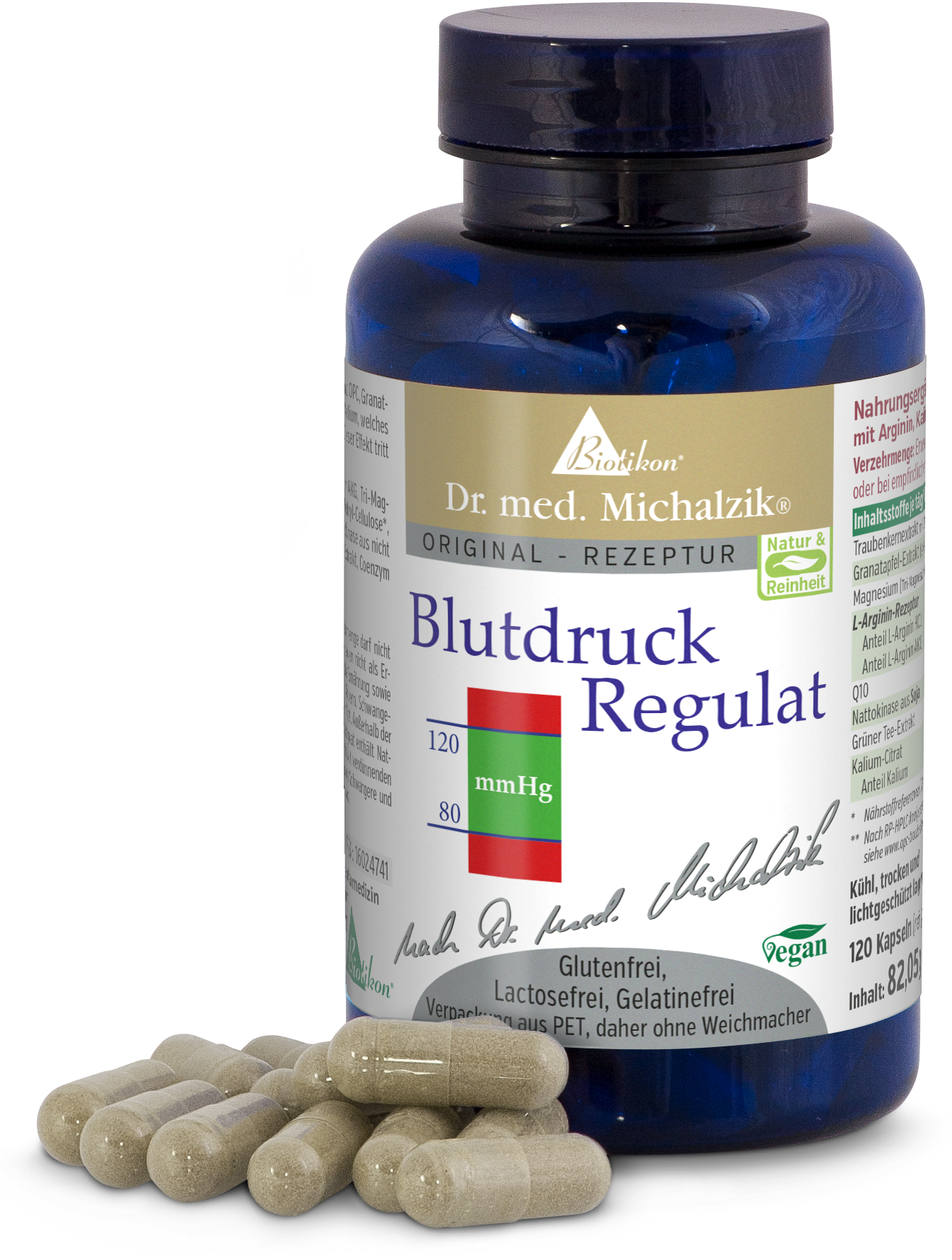 Regulador de Presión Arterial - 120 Cápsulas Regulador de Presión Arterial en botella azul con 120 cápsulas, veganas, sin gluten, ingredientes de alta calidad, primer plano.