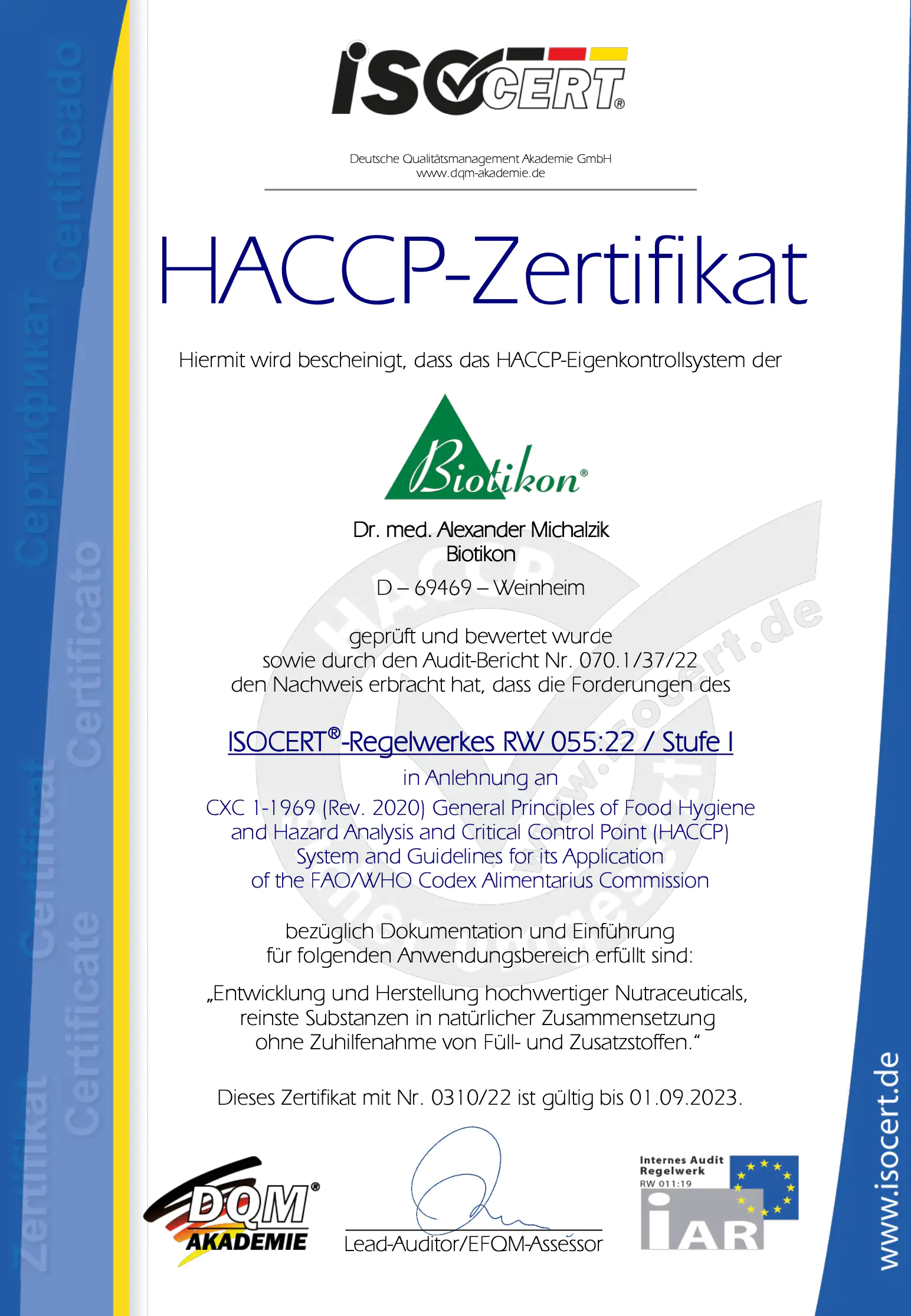 Certificado HACCP de Biotikon, gráfico con detalles, incluyendo logo, notas de examen y fecha de validez.