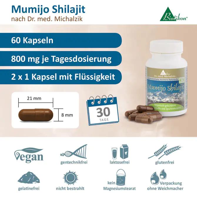 Mumijo Shilajit 800 mg – 60 Cápsulas 60 cápsulas de Mumijo Shilajit, cápsulas marrones, envase con ingredientes líquidos, 30 días. Veganas y sin gluten.