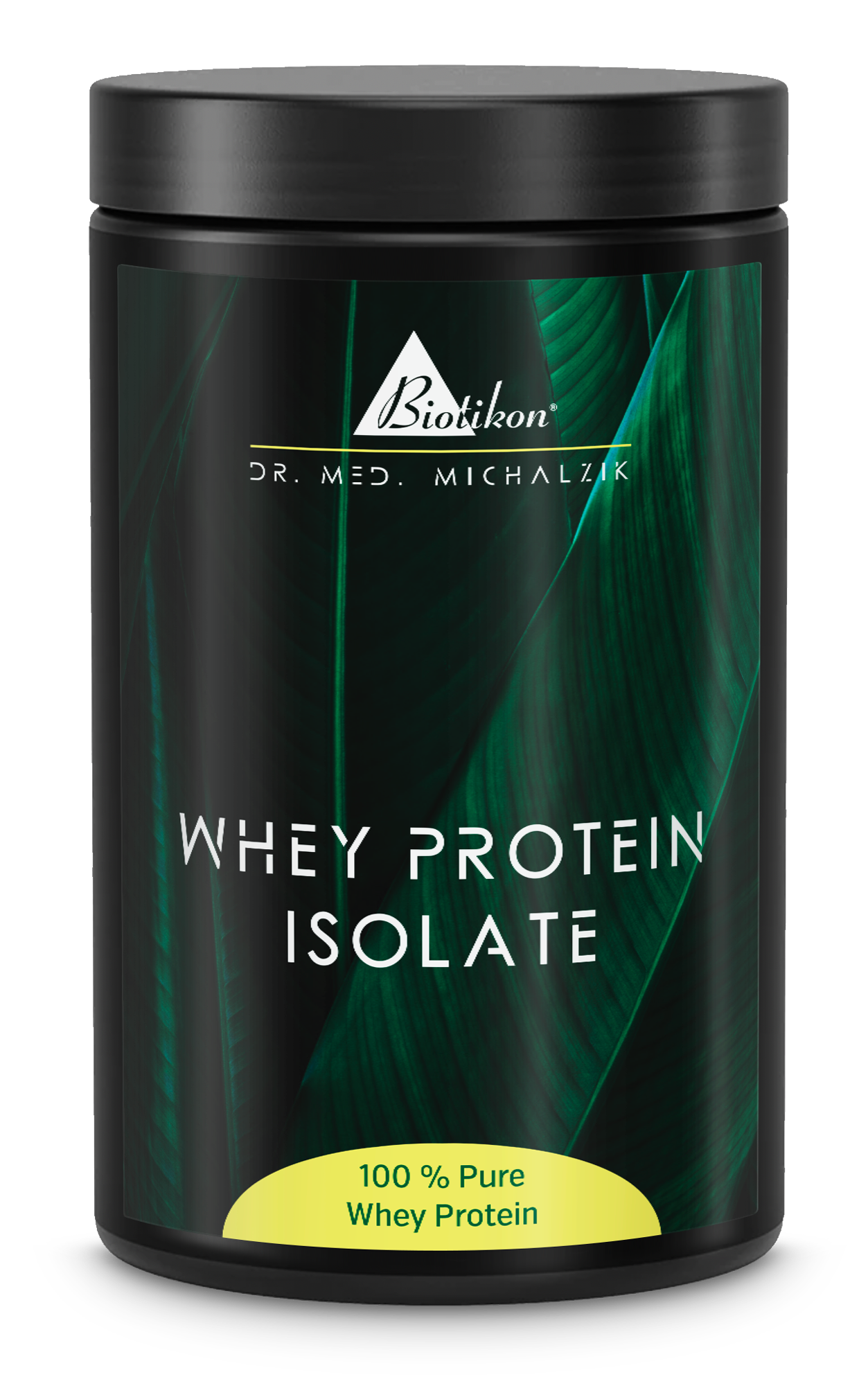 Aislado de Proteína de Suero – 100 % Puro Envase negro con aislado de proteína de suero, 100 % puro, empaque transparente, hojas verdes de fondo.