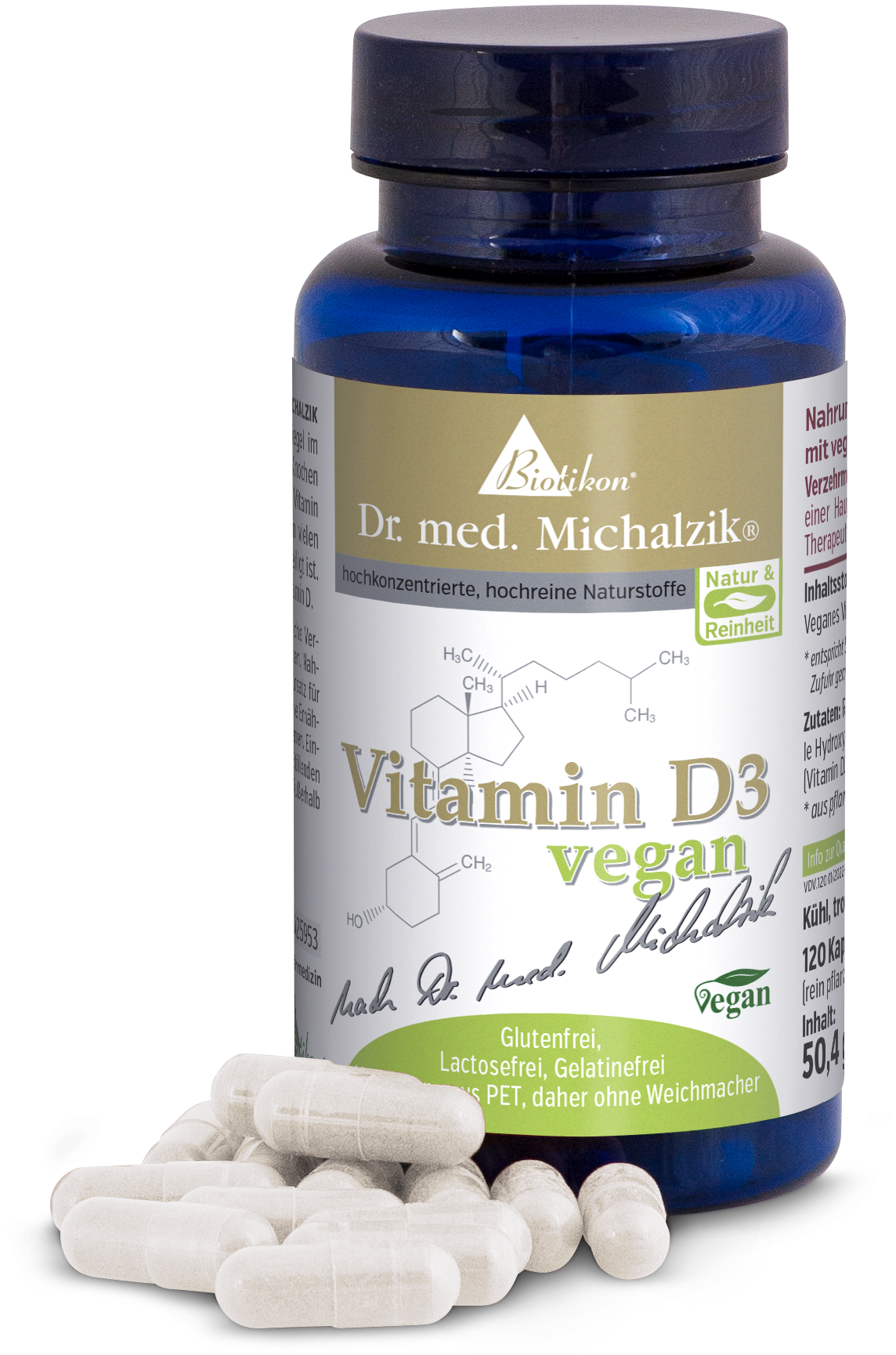 Vitamina D3 120 cápsulas - vegano Botella azul con vitamina D3, contiene 120 cápsulas veganas, cápsulas blancas visibles, presentación fresca y clara.