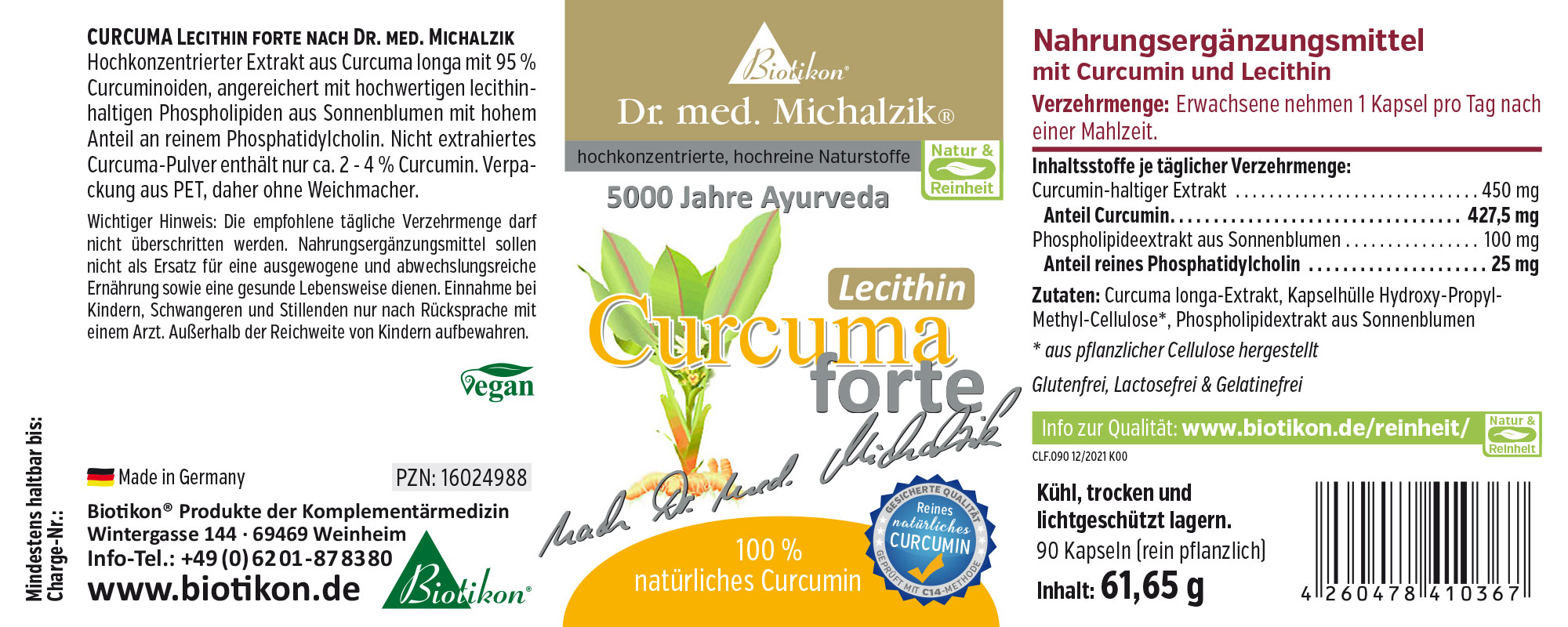 Suplemento Curcuma Lecitina Forte, 90 cápsulas vegetales en un envase azul, ingredientes visibles.