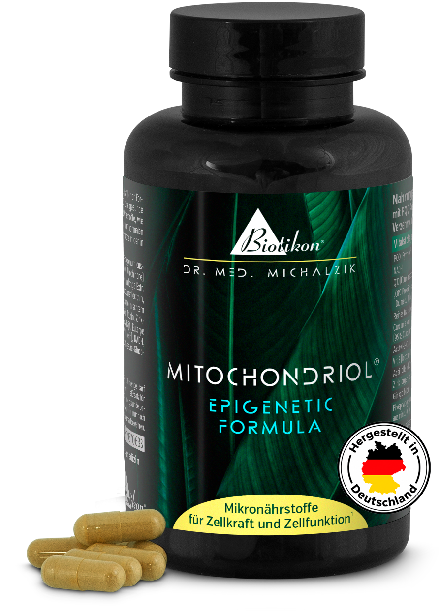 Bote de Mitochondriol con el logotipo «Fabricado en DE»