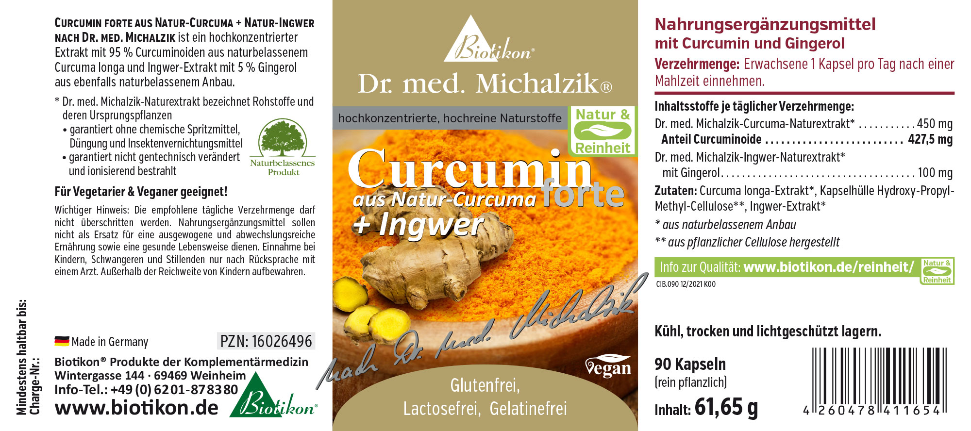Curcumin forte 450 mg – Cápsulas Suplemento dietético Curcumin forte con jengibre, 90 cápsulas, 100% vegetal, polvo amarillo-naranja.
