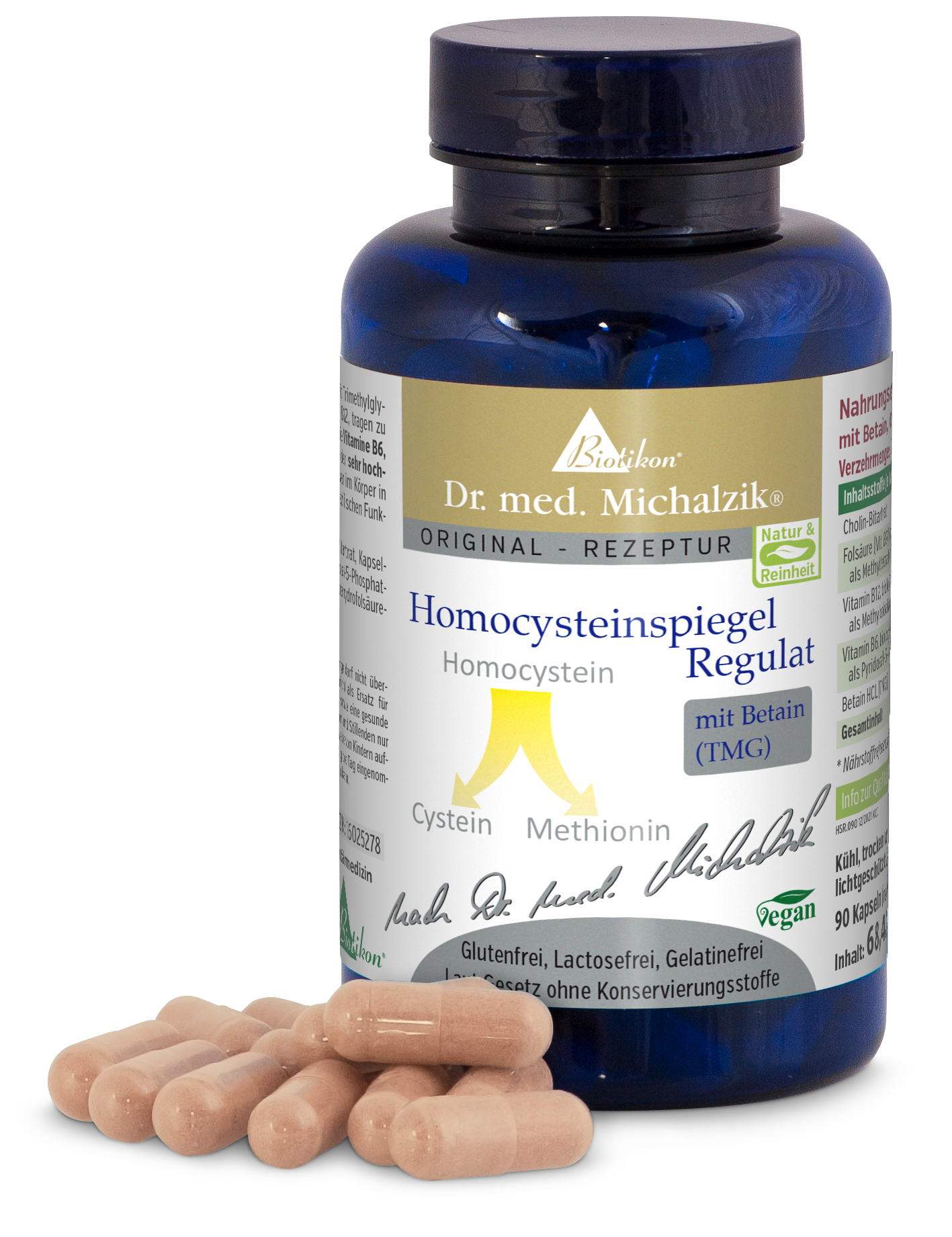 Regulador de homocisteína - 60 cápsulas Frasco de vidrio azul con cápsulas, 60 cápsulas veganas, sobre fondo blanco, ingredientes visibles.