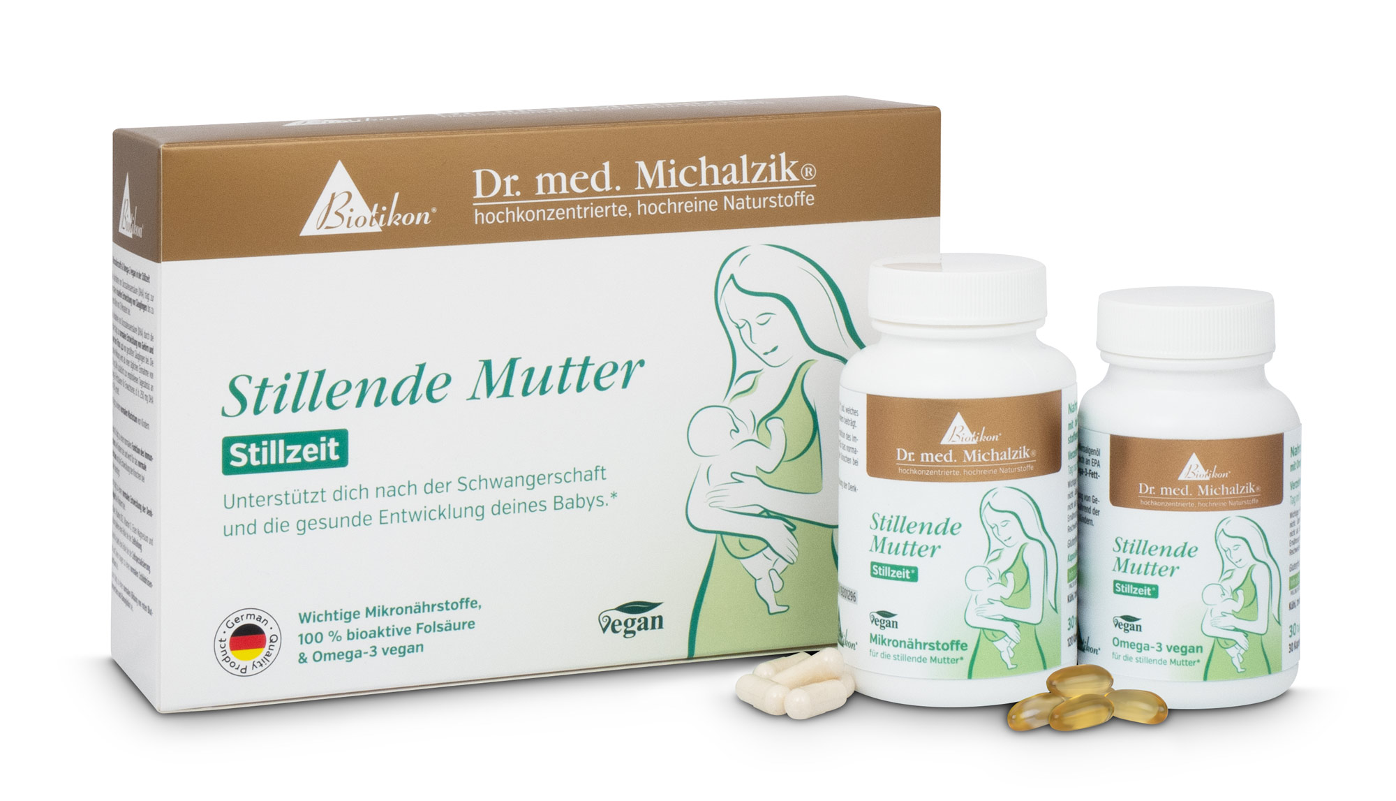 Suplemento alimenticio para madre lactante en forma de cápsulas y softgels, dos botellas, empaque negro-verde, vista lateral.