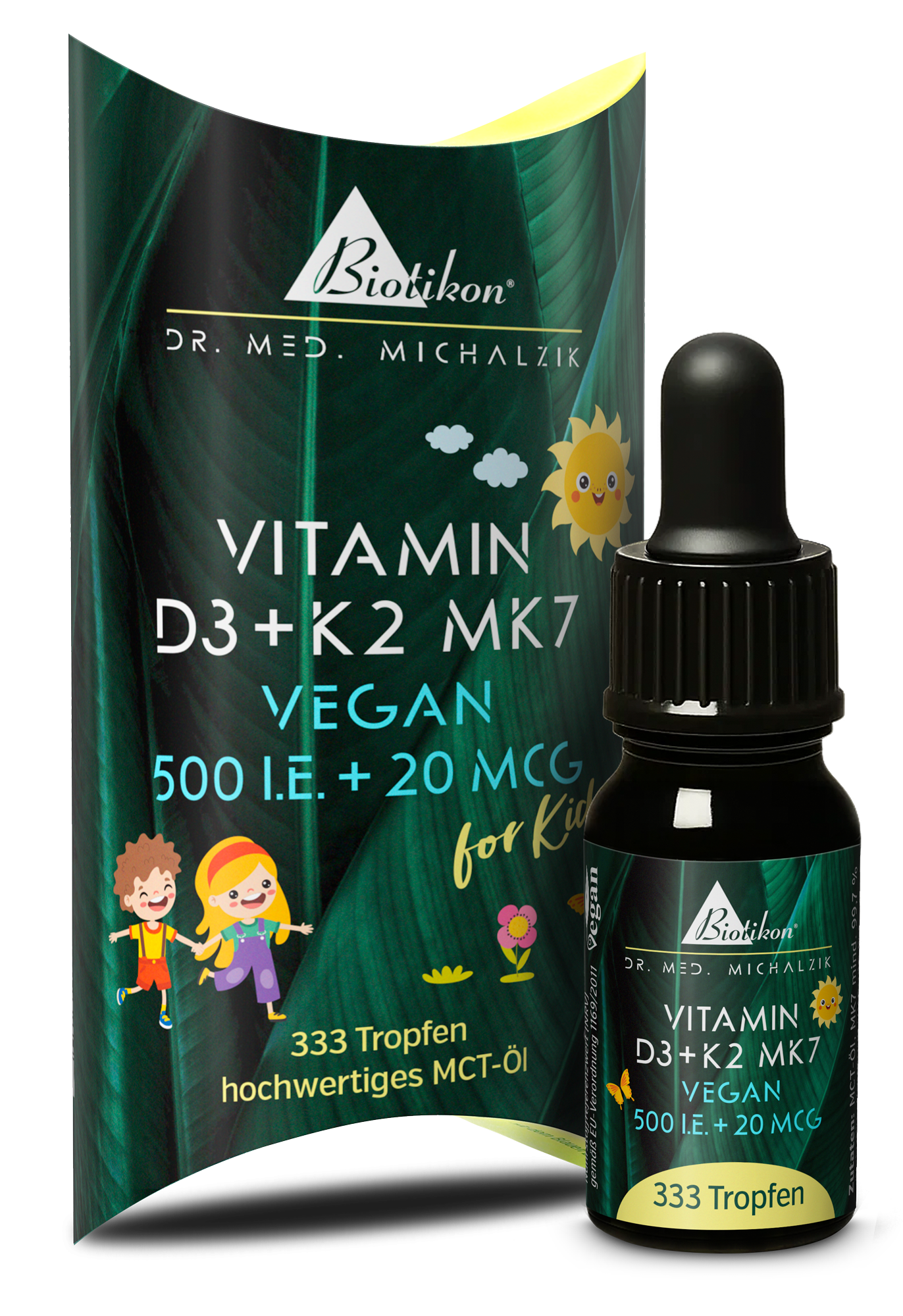Vitamina D3 K2-500 UI, caja vegana con botella Vitamina D3 K2-500 UI, caja vegana con botella