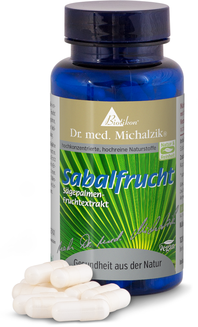 Botella con cápsulas de fruta de Sable, 120 unidades, en vidrio azul, con cápsulas blancas al frente.