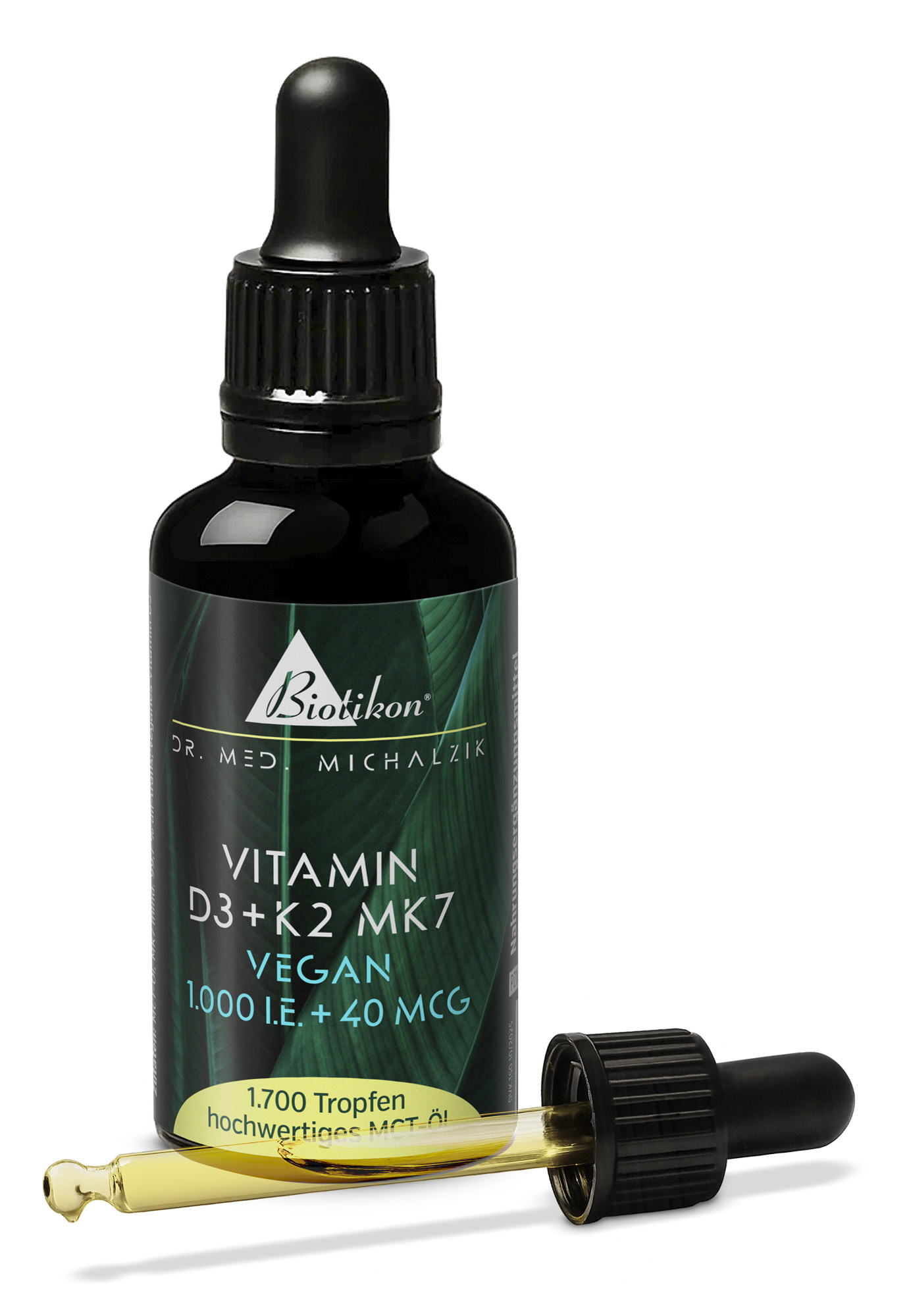 Botella de gotas de vitamina D3 y K2 MK7, 1750 gotas, aceite MCT, envase negro, pipeta visible.