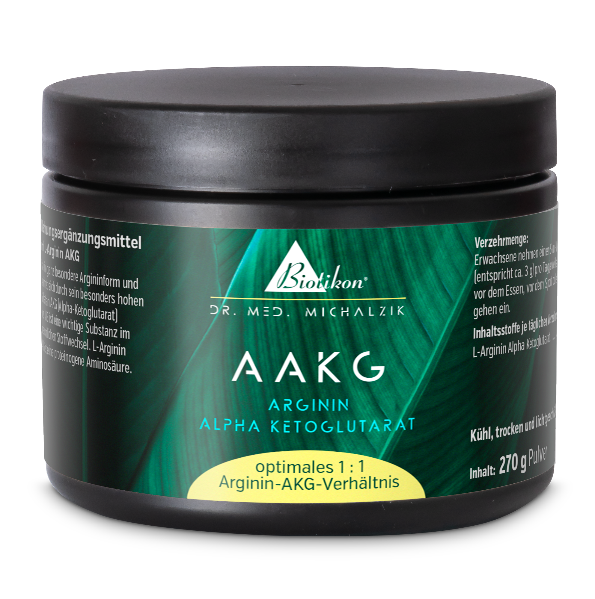 AAKG Arginina Alpha-Cetoglutarato – 270 g en polvo Tarro de polvo AAKG Arginina Alpha-Cetoglutarato, 270 g, envase negro, vista lateral.