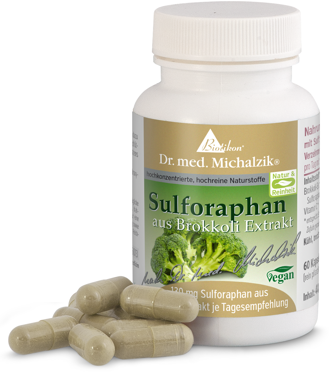 Sulforafano de Extracto de Brócoli - 120 mg Cápsulas Botella con 60 cápsulas de sulforafano de extracto de brócoli, cápsulas verde-beige, empaque moderno.