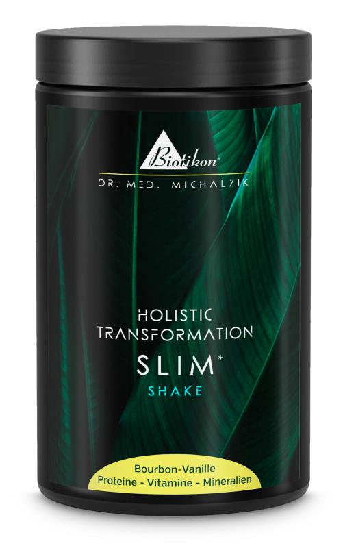 SLIM Shake – Vainilla Bourbon Batido de proteínas en empaquetado negro con hojas verdes, sabor vainilla bourbon, 500g.