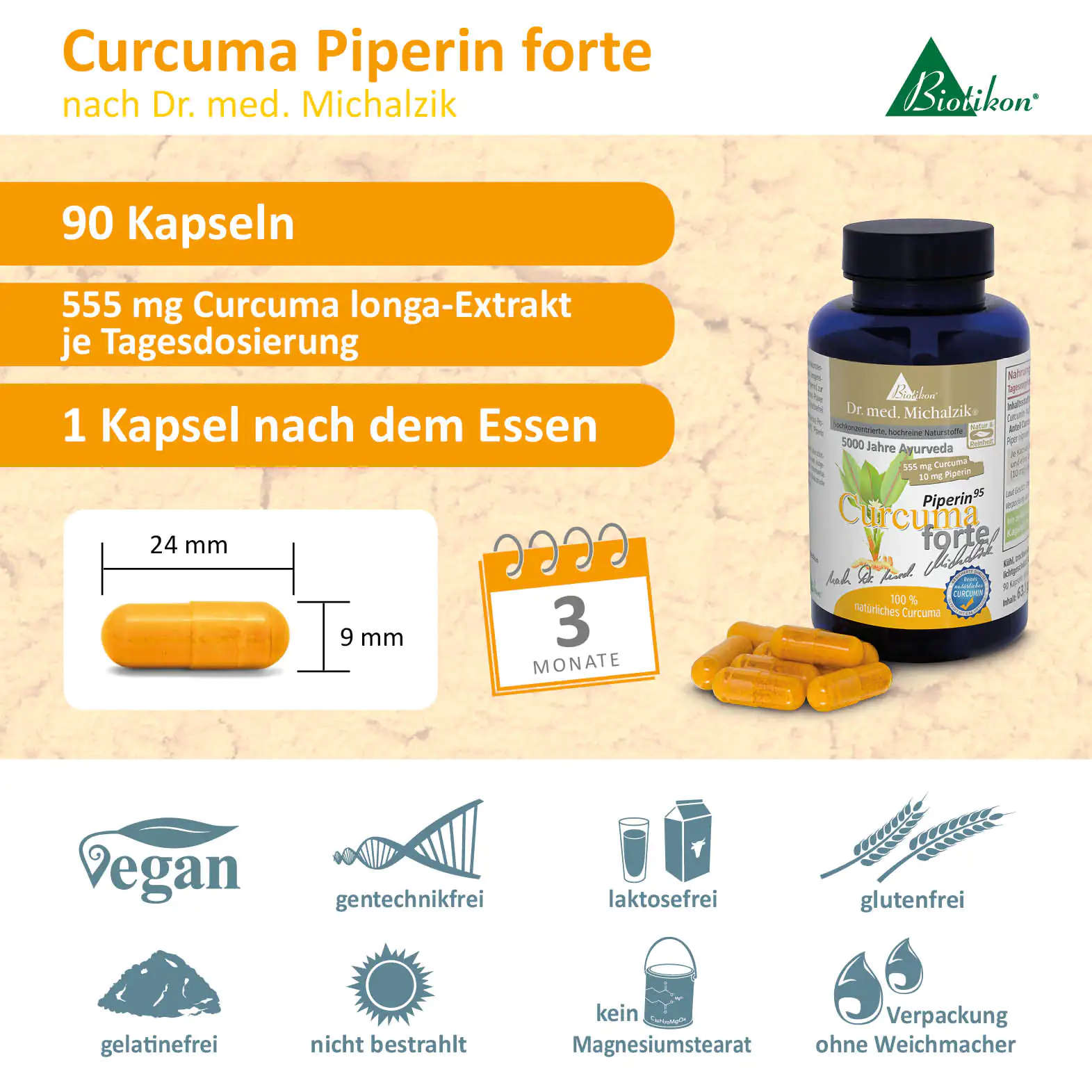 Botella con 90 cápsulas amarillas, 555 mg de Curcuma longum, vegano, azul oscuro, vista lateral.