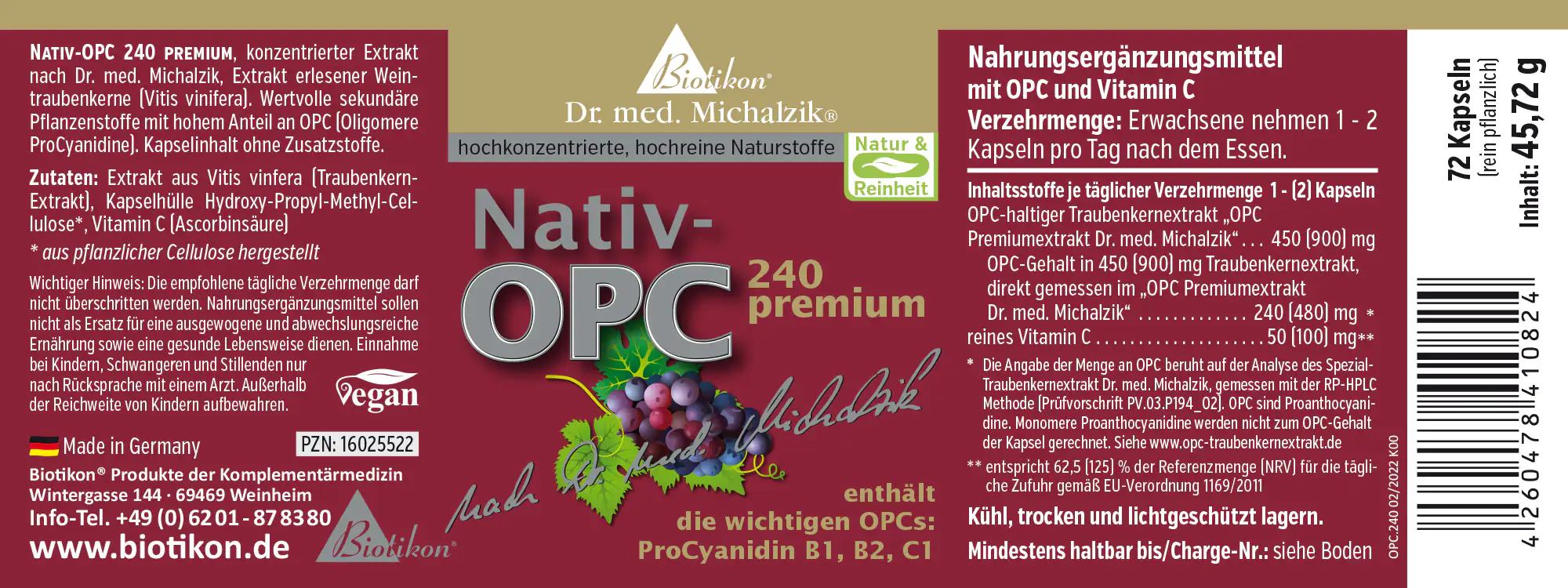 Suplemento Nativ-OPC, 72 cápsulas, envase rojo-violeta, hecho de extracto de uva.