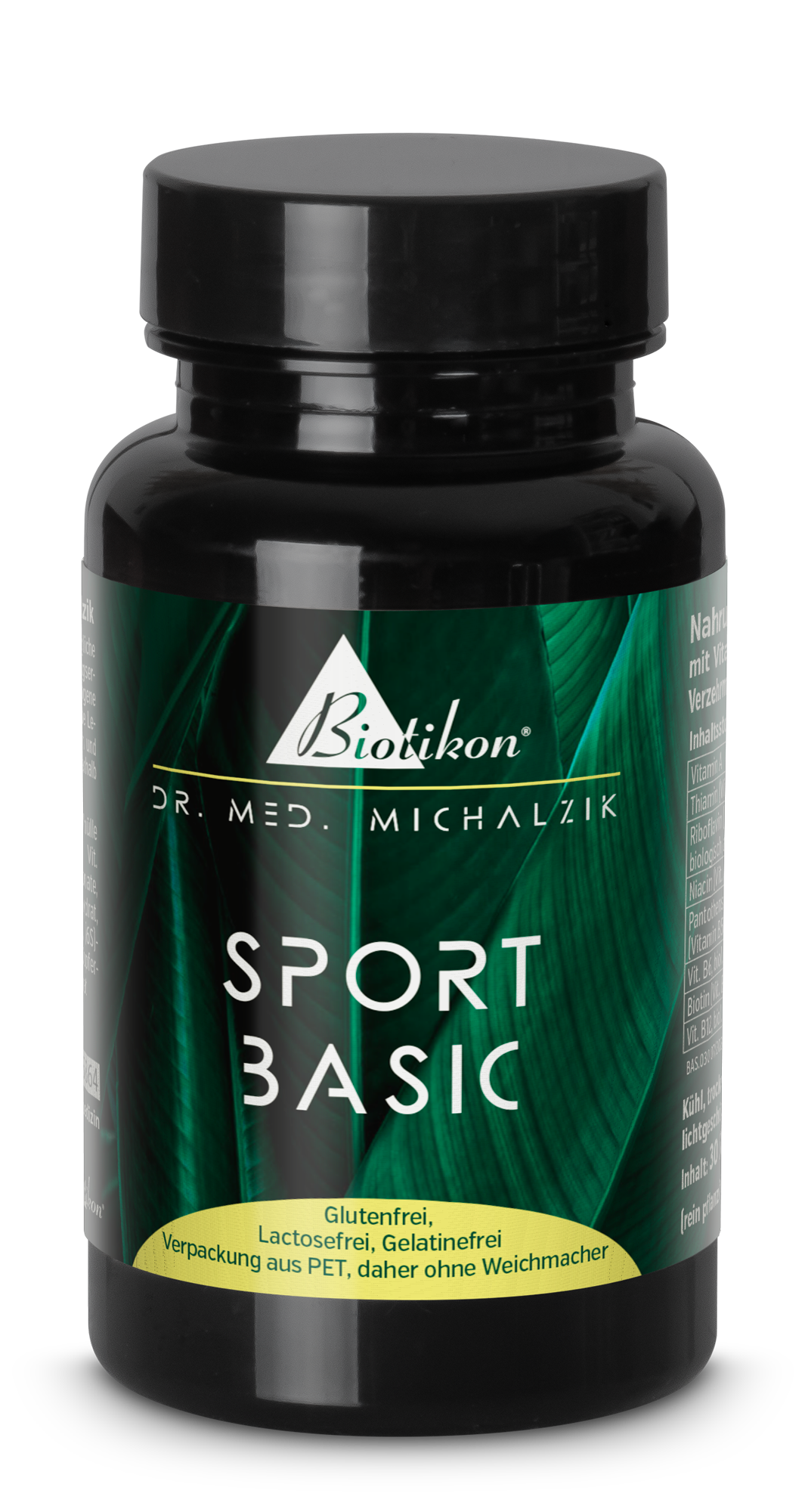 Suplementos Deportivos Básicos - Cápsulas Botella de cápsulas negras con etiqueta verde, 300 cápsulas, sin gluten, sin lactosa, sin gelatina.