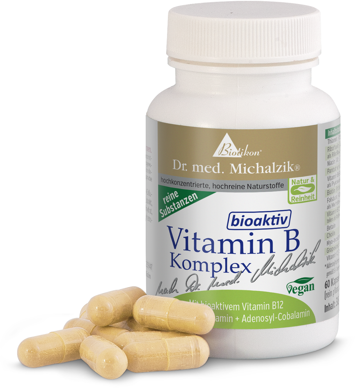 Botella con Complejo de Vitamina B, 60 cápsulas veganas de color beige claro, algunas cápsulas visibles en primer plano.