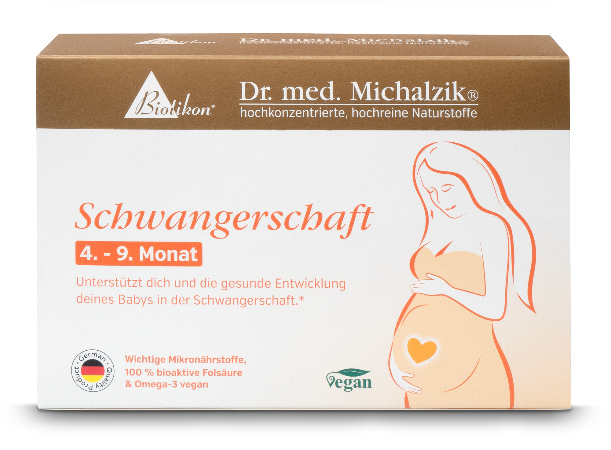 Cápsulas para embarazo 4-9 meses Envase de micronutrientes para el embarazo, 4 a 9 meses, sobre fondo blanco con mujer embarazada.