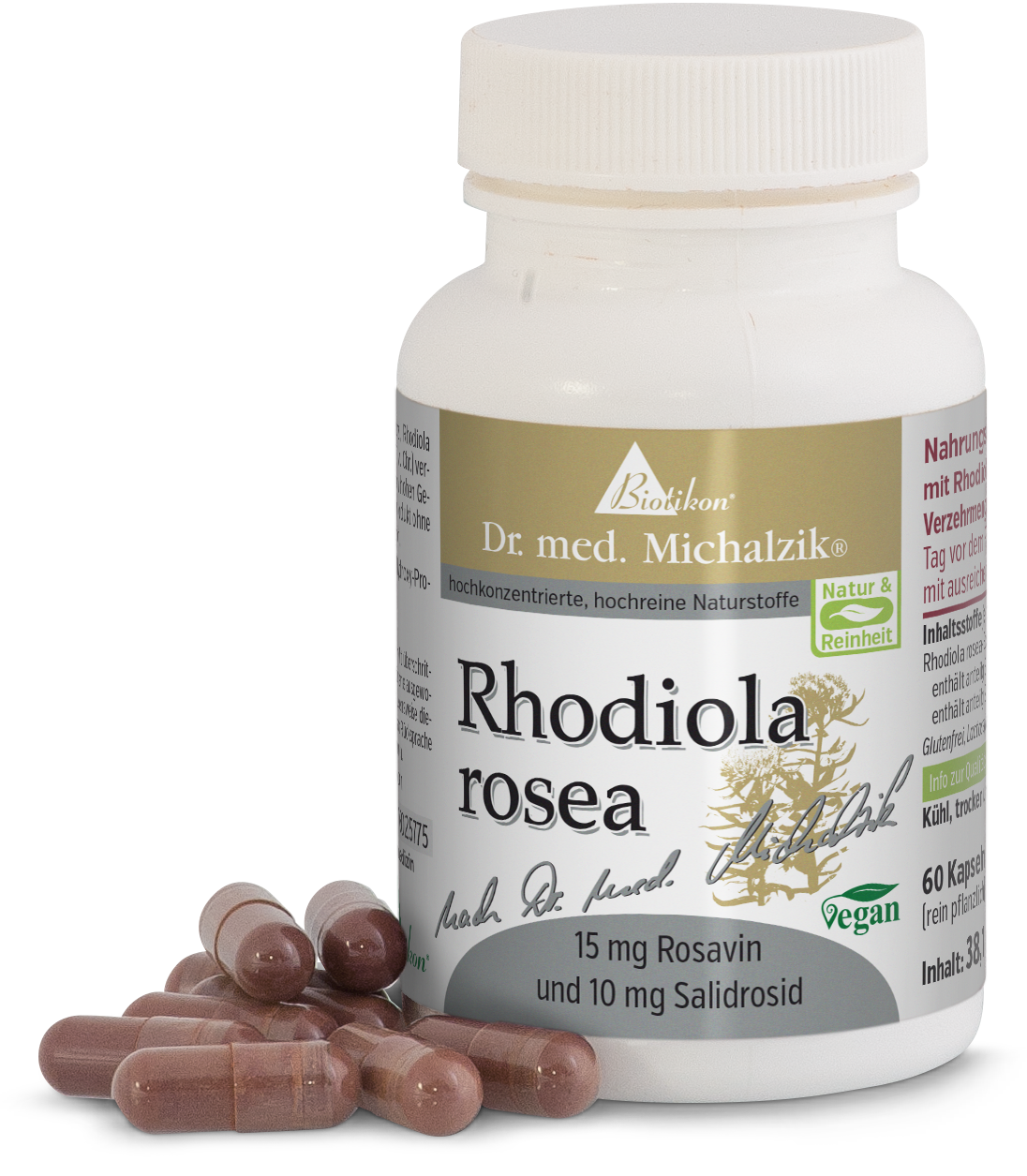 Rhodiola rosea 15 mg – Cápsulas Tarro de plástico blanco con 60 cápsulas, de color marrón. Cápsulas parcialmente sobre una superficie.