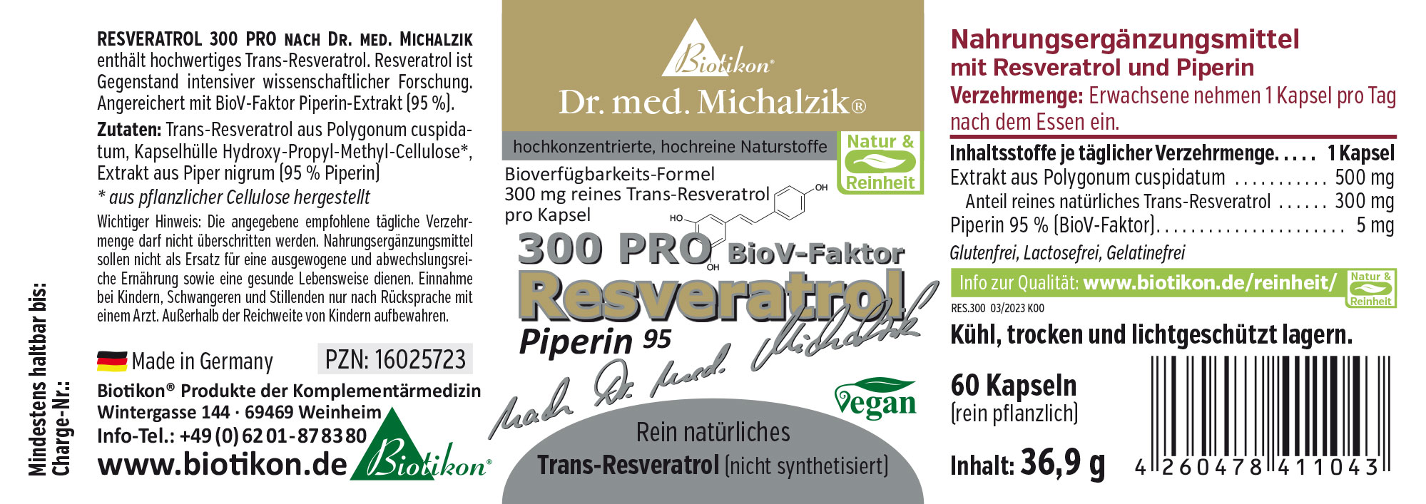 Envase de cápsulas vegetales de Resveratrol 300 mg, 60 unidades, disponible en un envase duradero.