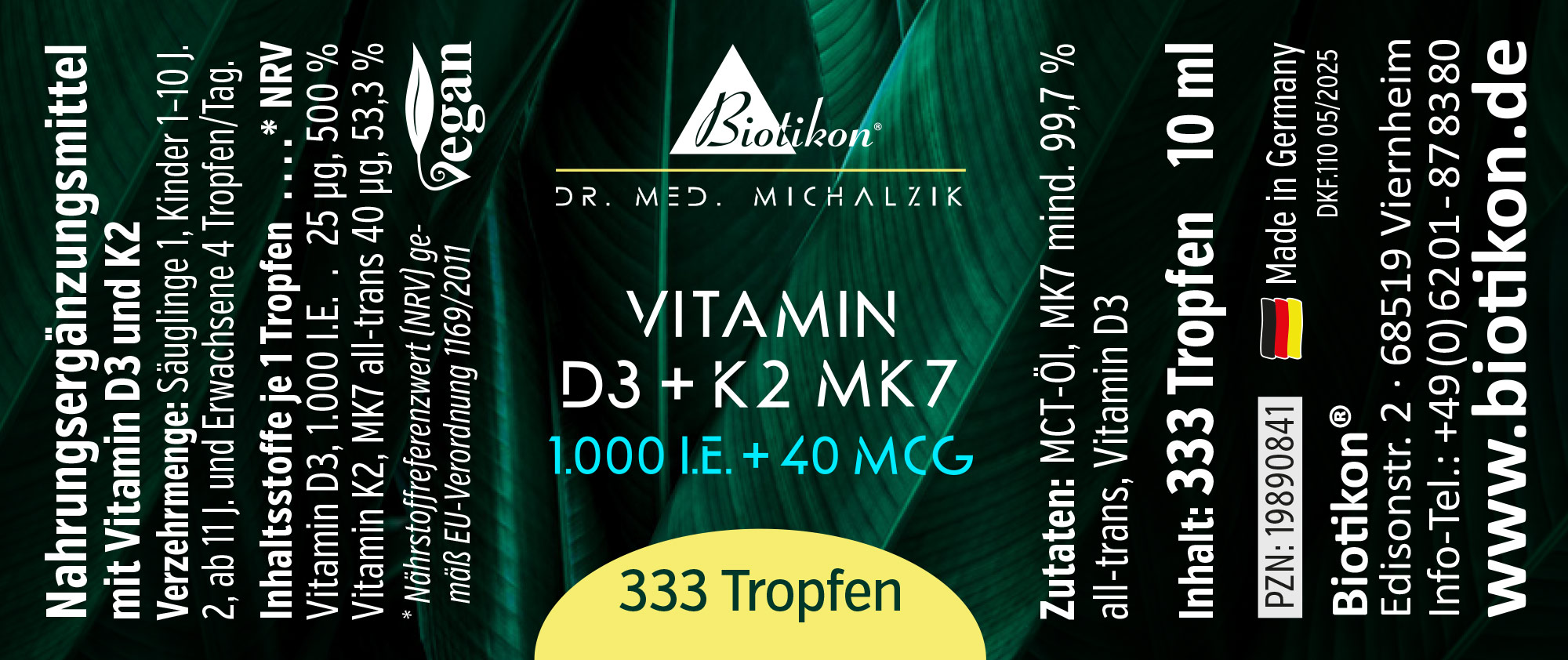 Botella con 333 gotas de vitamina D3 y K2 MK7, 10 ml, envase verde