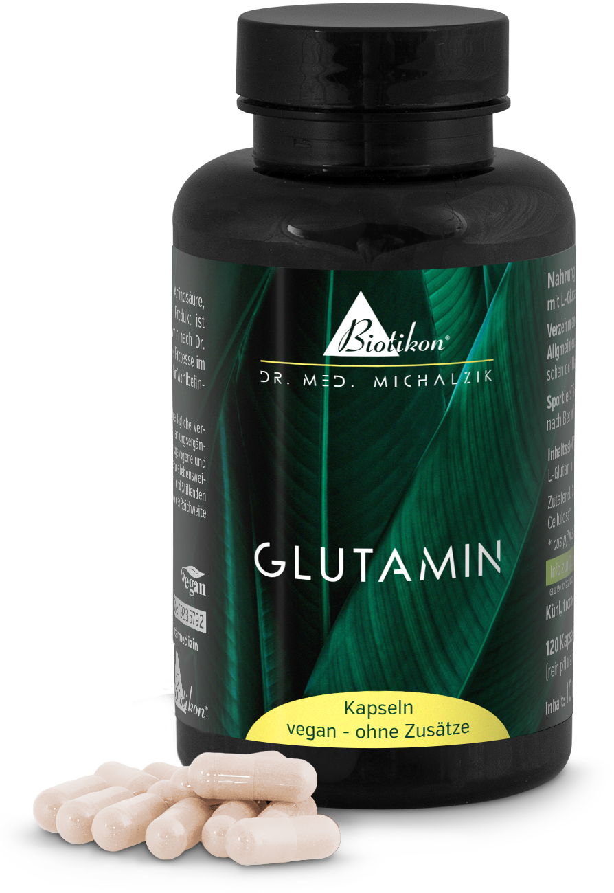 Glutamina 120 Cápsulas - veganas Cápsulas de glutamina en una botella negra con diseño verde, 120 piezas, veganas y sin aditivos, cápsulas al frente.