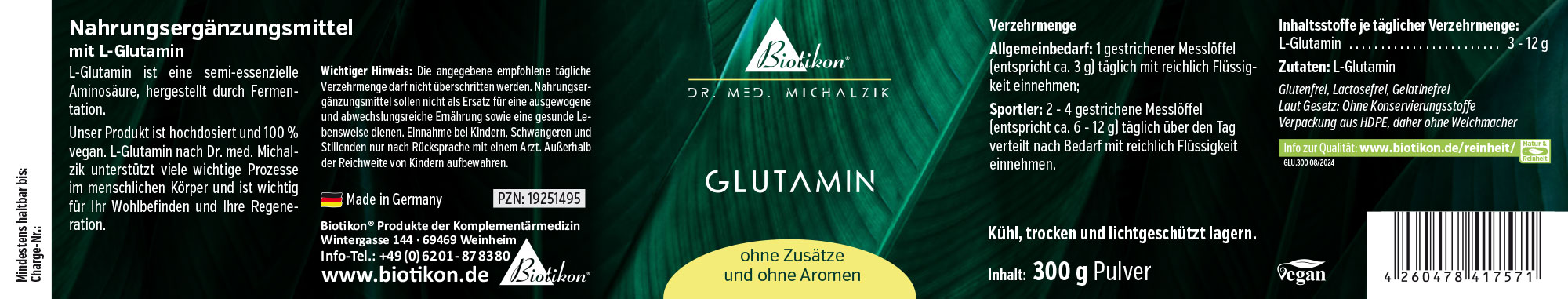 L-Glutamina 300 g – Polvo Suplemento de L-Glutamina, 300 g de polvo, vegano, en una bolsa resistente, color verde.