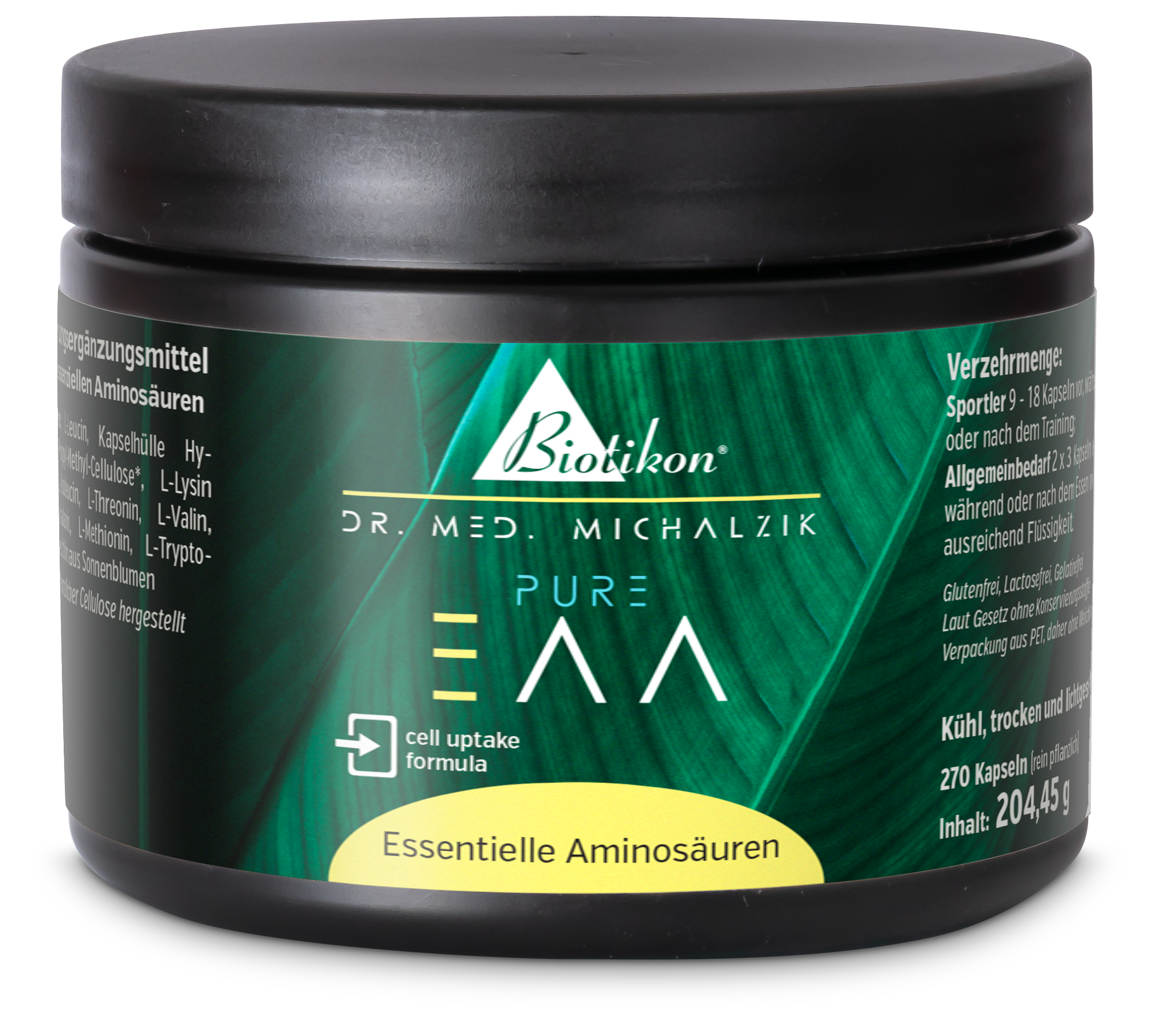 Envase con 270 cápsulas de aminoácidos esenciales, empaque verde, vista frontal.