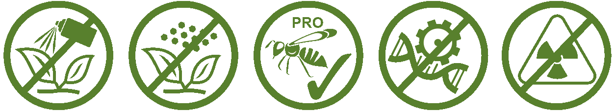 Protección de plantas - Símbolos ecológicos Cinco símbolos verdes para productos vegetales: sin pulverización, sin pesticidas, amigable con las abejas, sin OGM, sin radiación.