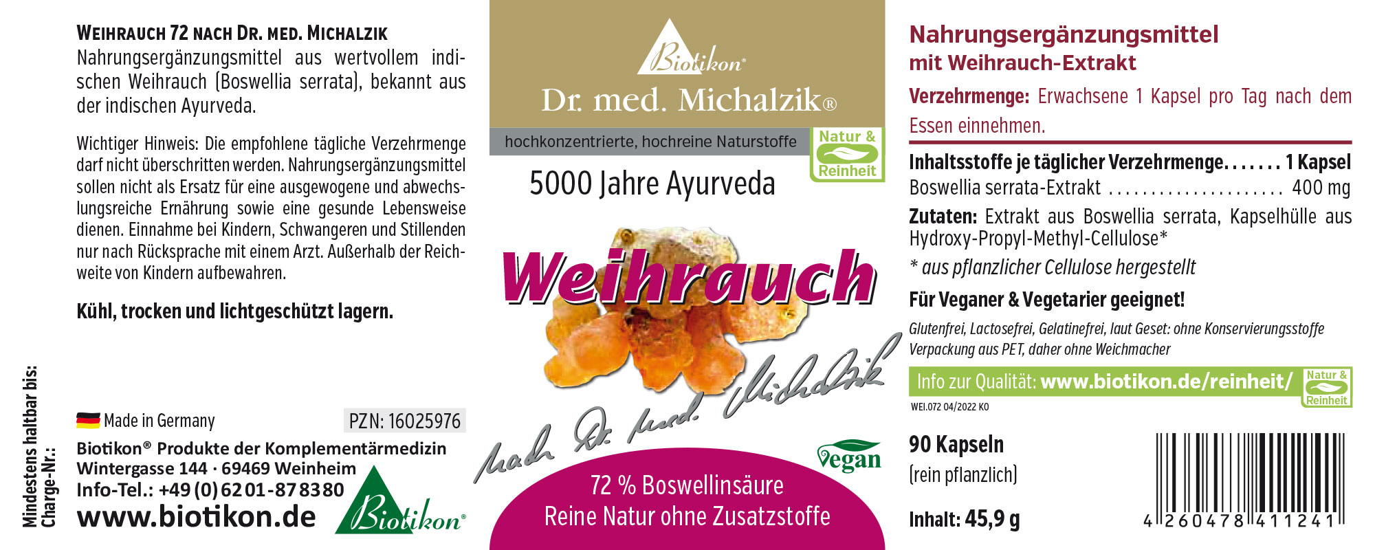 Boswellia 72 – 90 Cápsulas Suplemento dietético con extracto de Boswellia, 90 cápsulas en un frasco de PET, vegano, 100% vegetal.